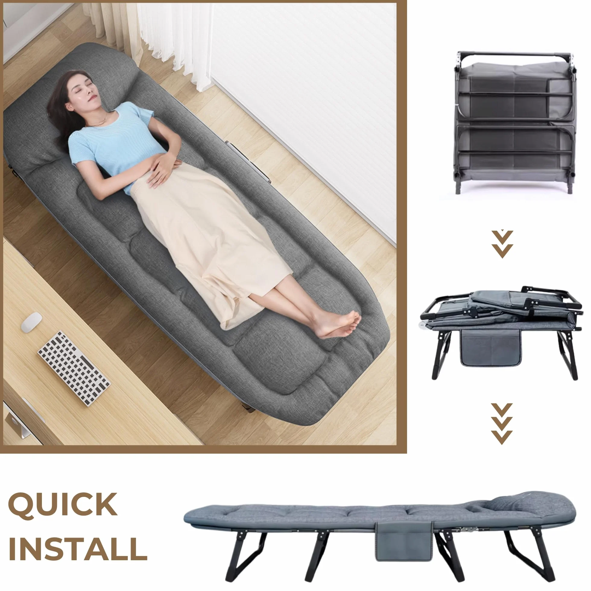 MAGIC SELECT Letto da Campeggio Portatile Imbottito Pieghevole con Cuscino Tasca Cotone Lino 200x63 cm