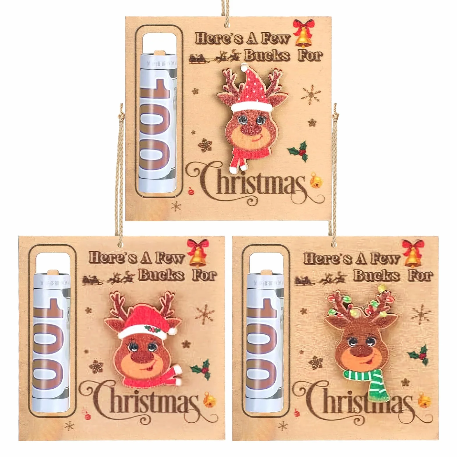 Portasoldi Natalizi in Legno 3 Pezzi Ornamenti Decorativi a Clip per Denaro per Albero di Natale