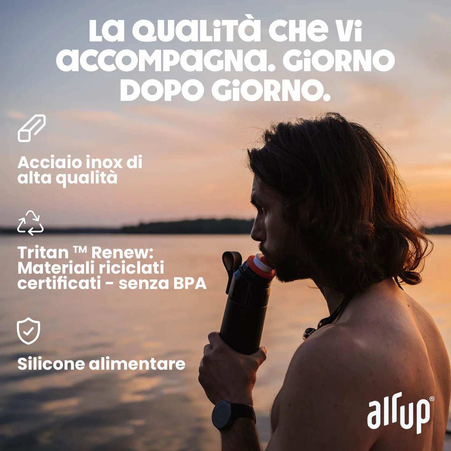 AIR UP® Borraccia Twist Pro Steel in acciaio inox Starter Set Originale 480 ml, mantiene il freddo per 14h, tappo ermetico, Nero