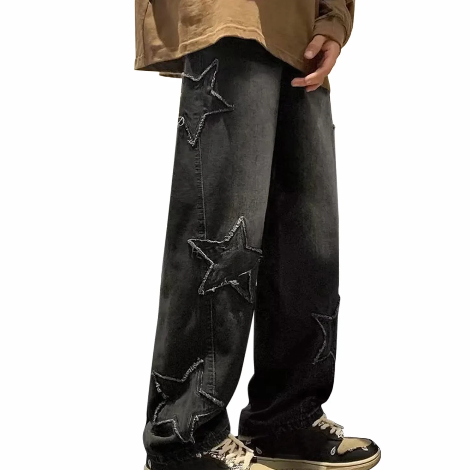 Baggy Jeans Uomo con Stelle Stampate Jeans Patchwork Pantaloni Denim Hip Hop Vintage Y2K Straight Leg Streetwear