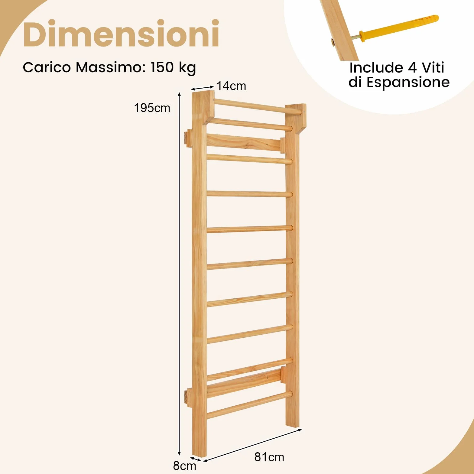 GYMAX Spalliera Svedese 10 Gradini Legno Massello 100 kg 80x14x195 cm