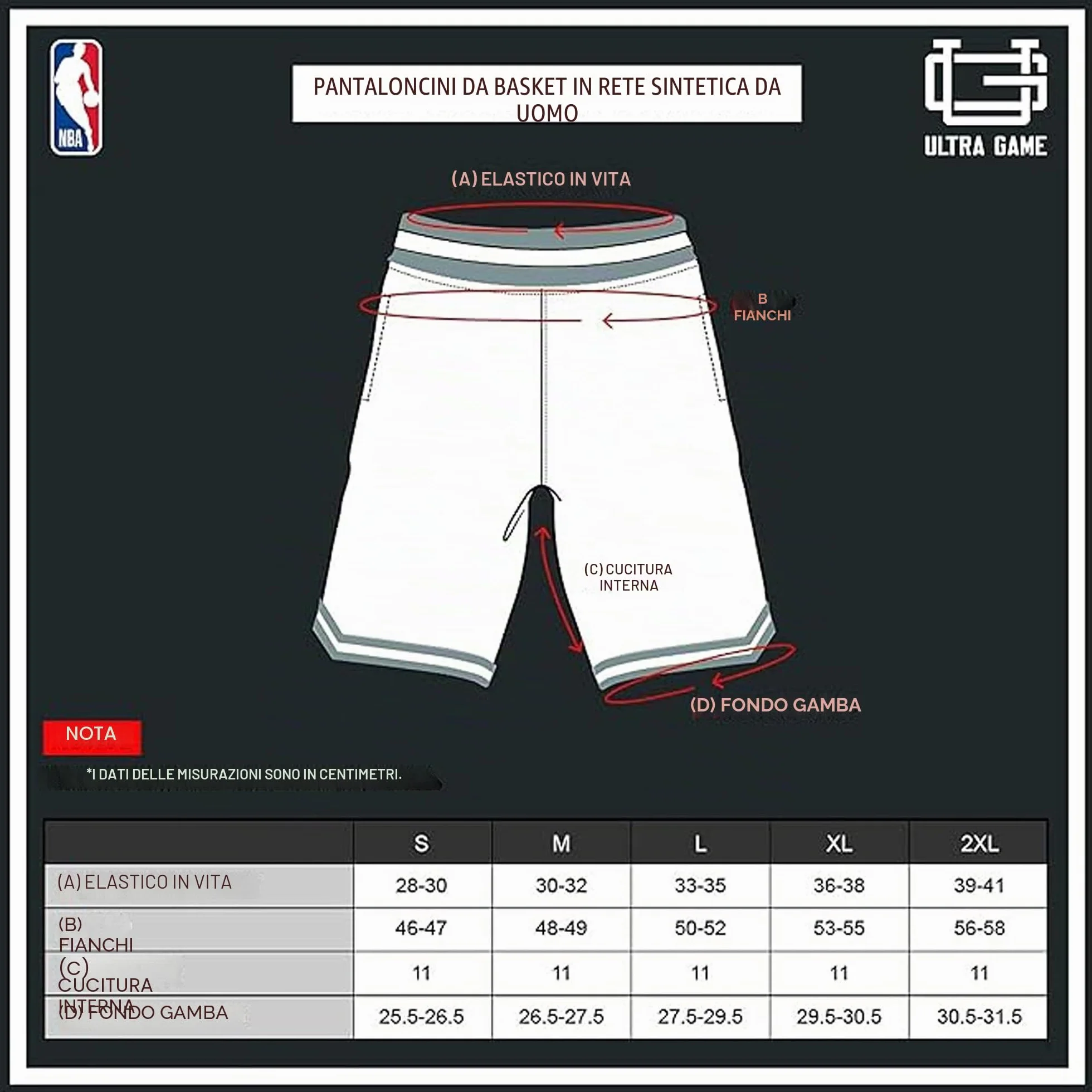 NBA Ultra Game GSM3547F Woven Team Logo Poly Mesh Basket Shorts Nero, M