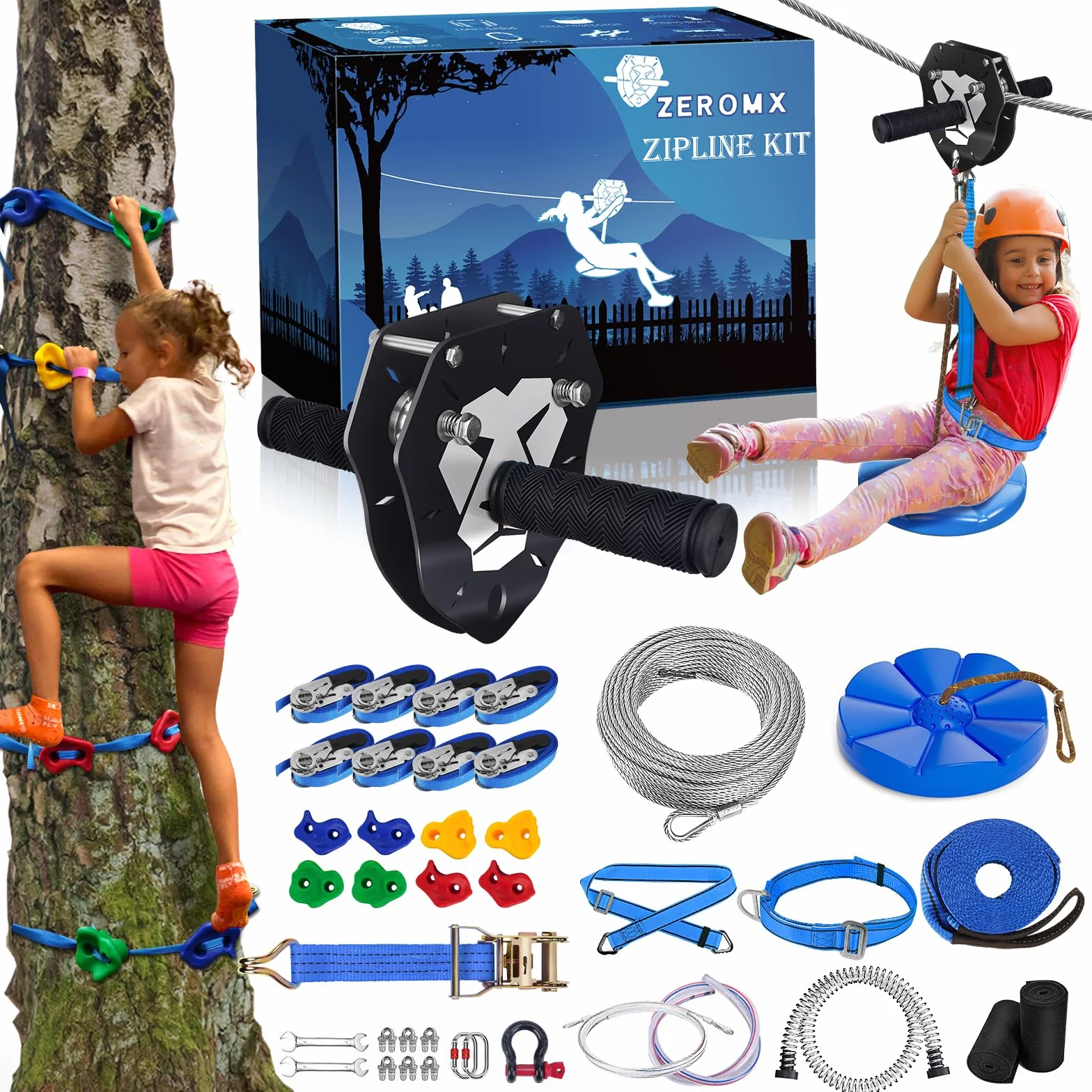 Kit Zip Line 48,8 m per bambini e adulti 172,4 kg - Carrello rimovibile con leone, freno a molla 2 m, protezioni per alberi