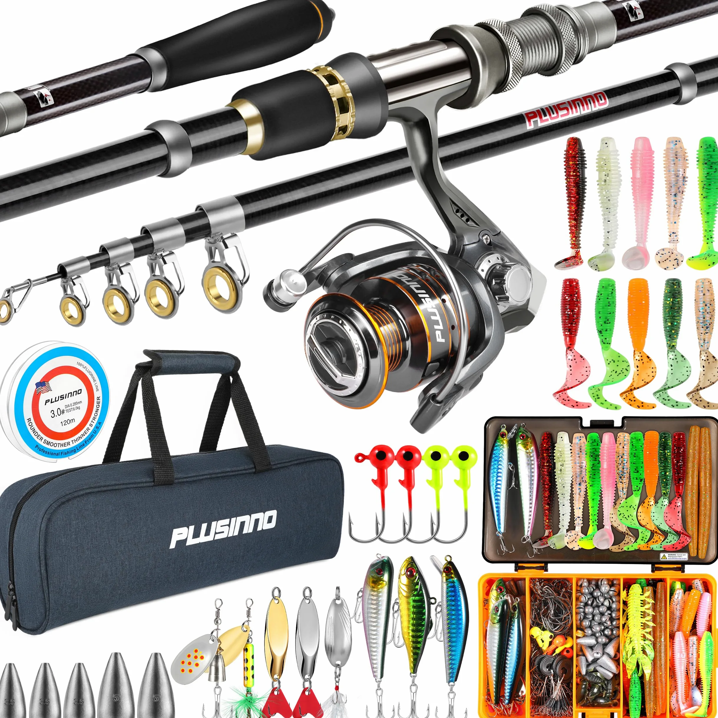PLUSINNO Attrezzatura da pesca, canna da pesca telescopica e mulinello combinata con scatola per attrezzature, canna pieghevole e scatola per esche, kit di base per canna da pesca, accessori da pesca