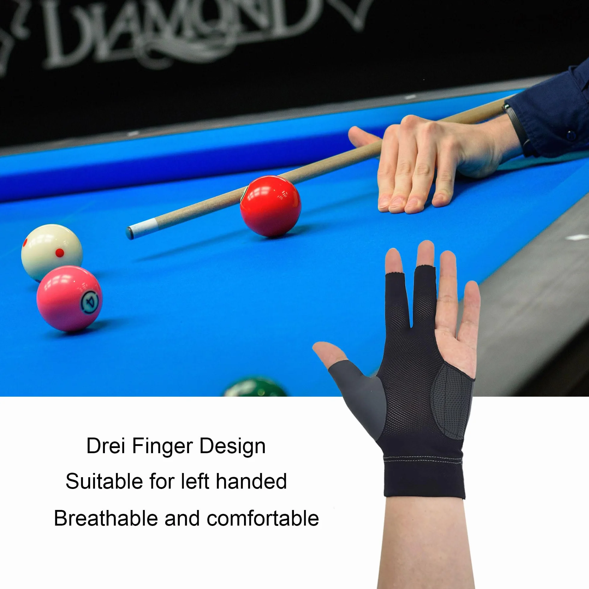Guanti da biliardo 2 Pezzi con 3 dita antiscivolo per stecca snooker