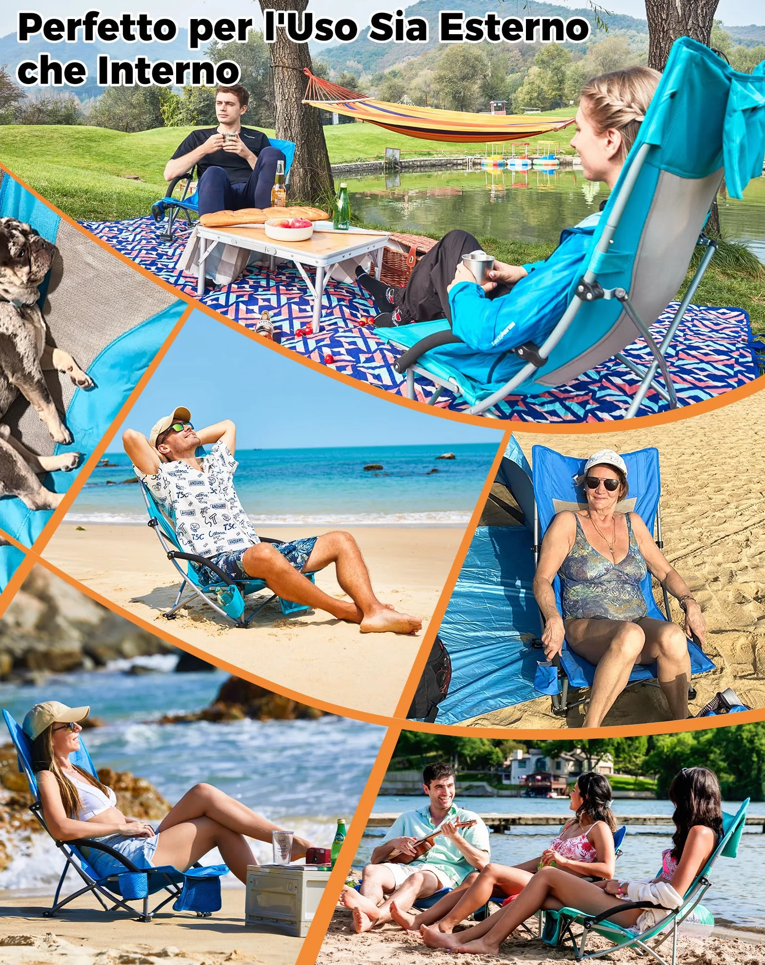KingCamp Set di 2 Sedie da Spiaggia Pieghevoli Portata 180kg Cuscino Imbottibile Ciano