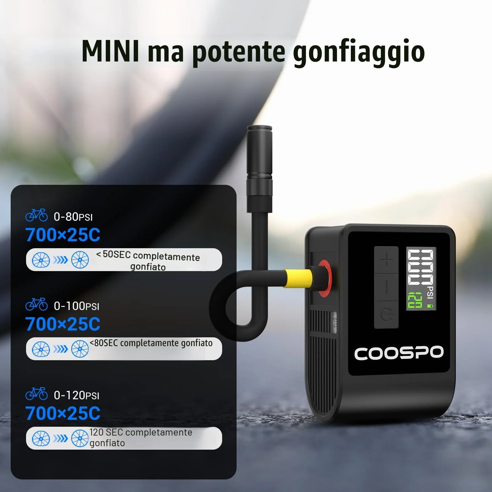 CooSpo Mini Pompa Elettrica per Bicicletta, max 120 PSI, Portatile con Spegnimento Automatico, Valvole Presta Schrader