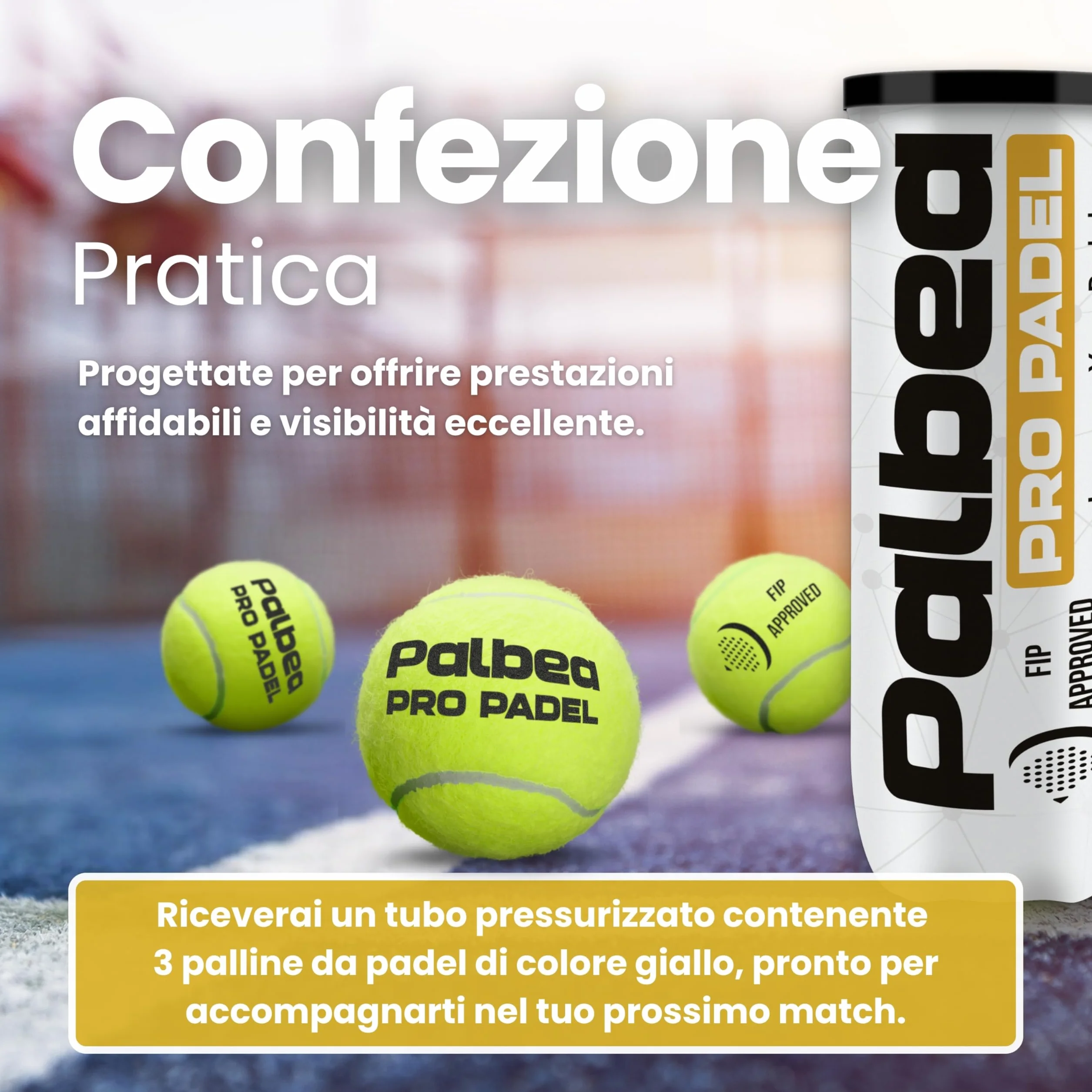 Palbea PRO PADEL Palline Padel Approvate FIP HV Alta Visibilità Qualità Pressurizzate Durature Veloci