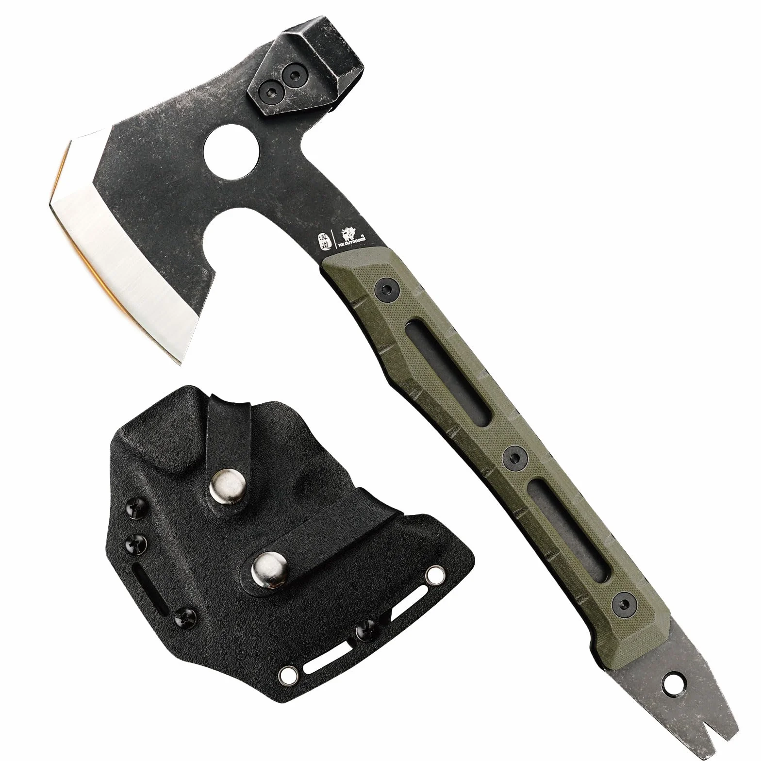 HX OUTDOORS Ascia Multifunzionale da Spaccatura, Ascia Tattica da Sopravvivenza Full Tang per Campeggio, da Bushcraft con Martello ed Estraichiodi (Verde Militare)