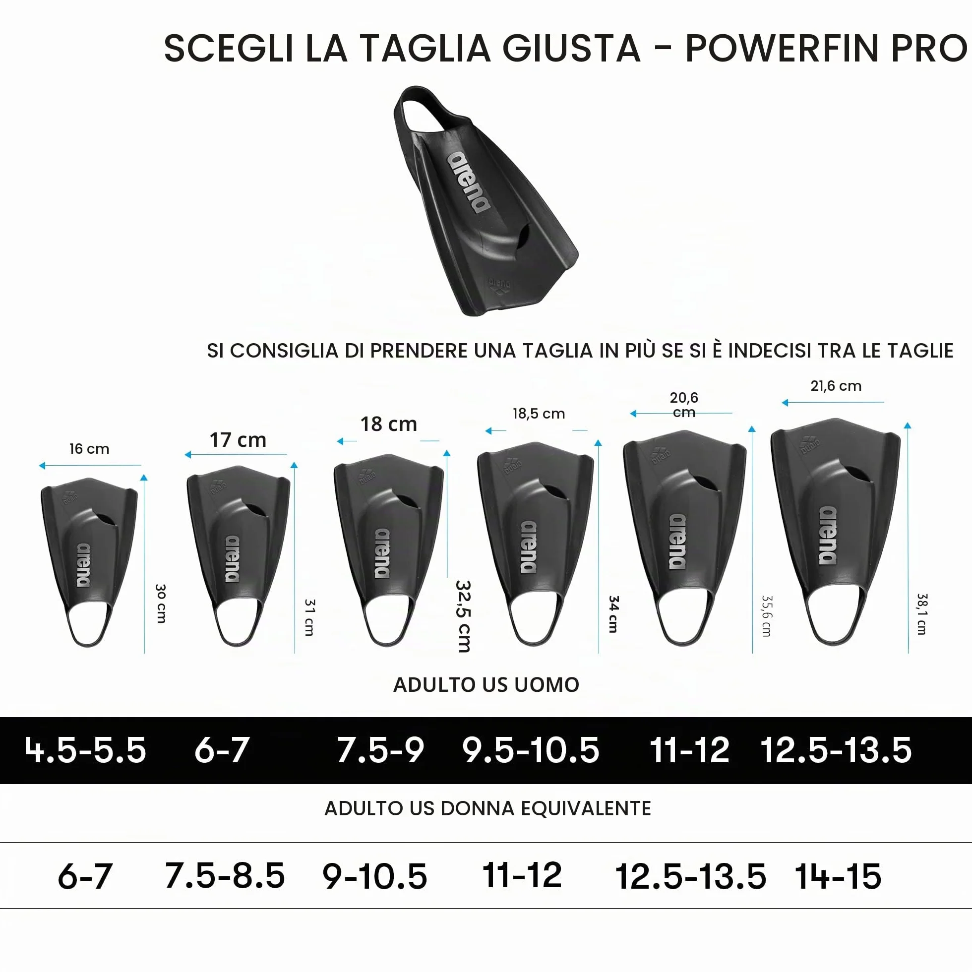 Arena Powerfin PRO II Pinne Unisex Adulti Silicone Lama Corta Piede Personalizzabile 36,5-47,5
