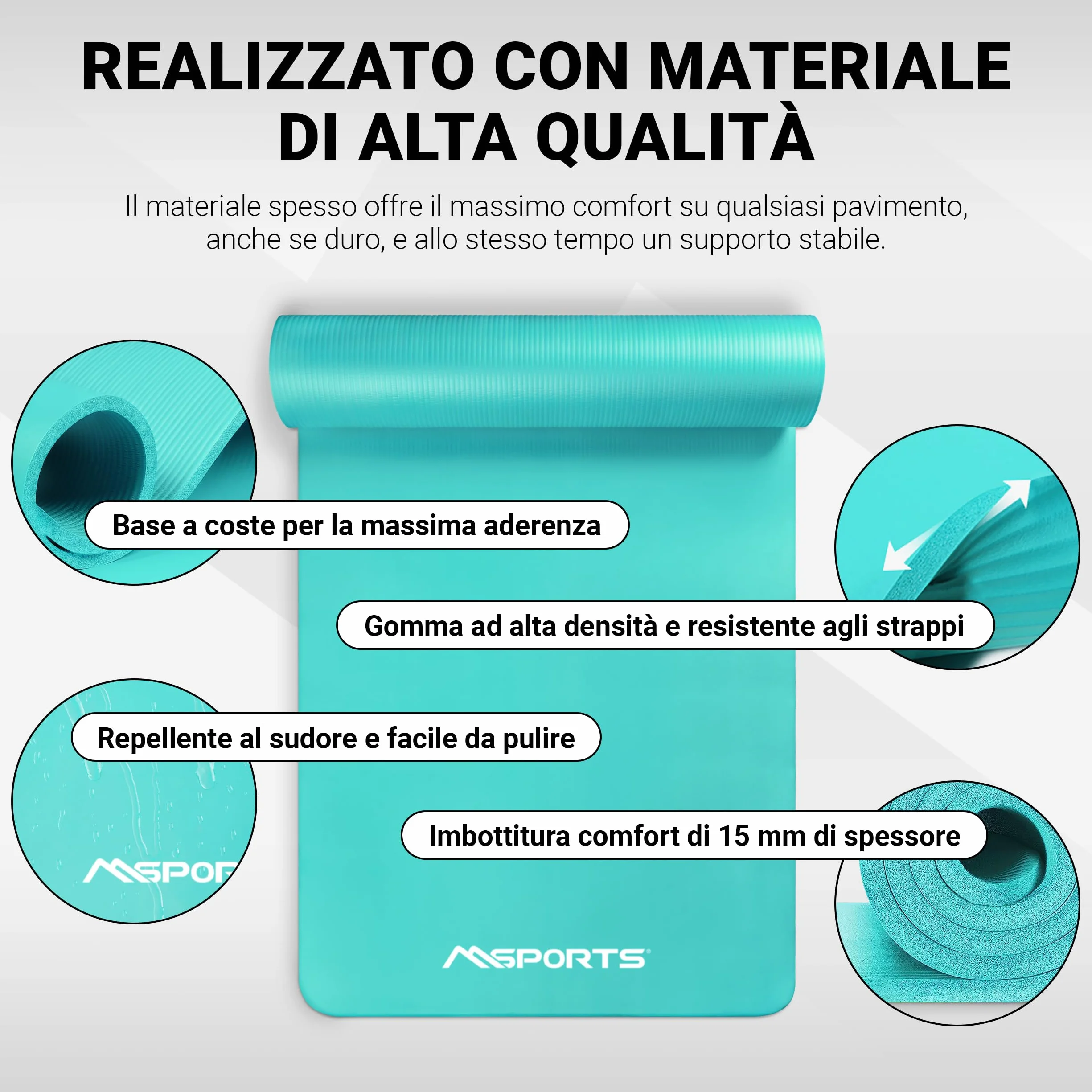 MSPORTS Tappetino Fitness Yoga Premium antiscivolo Mat da Ginnastica vari formati colori