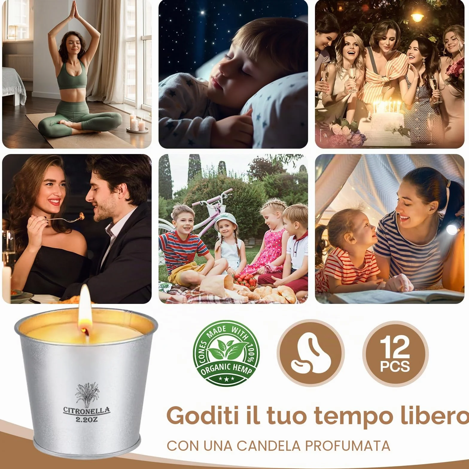 Candele Citronella Esterno Set 12x2.2oz Cera di Soia Naturale Oli di Citronella 120-180 Ore