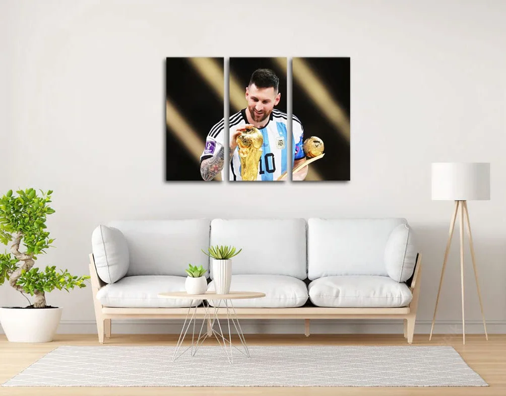 Quadro Moderno Calcio Argentina Campione del Mondo Lionel Messi Pallone Oro 97x62 cm