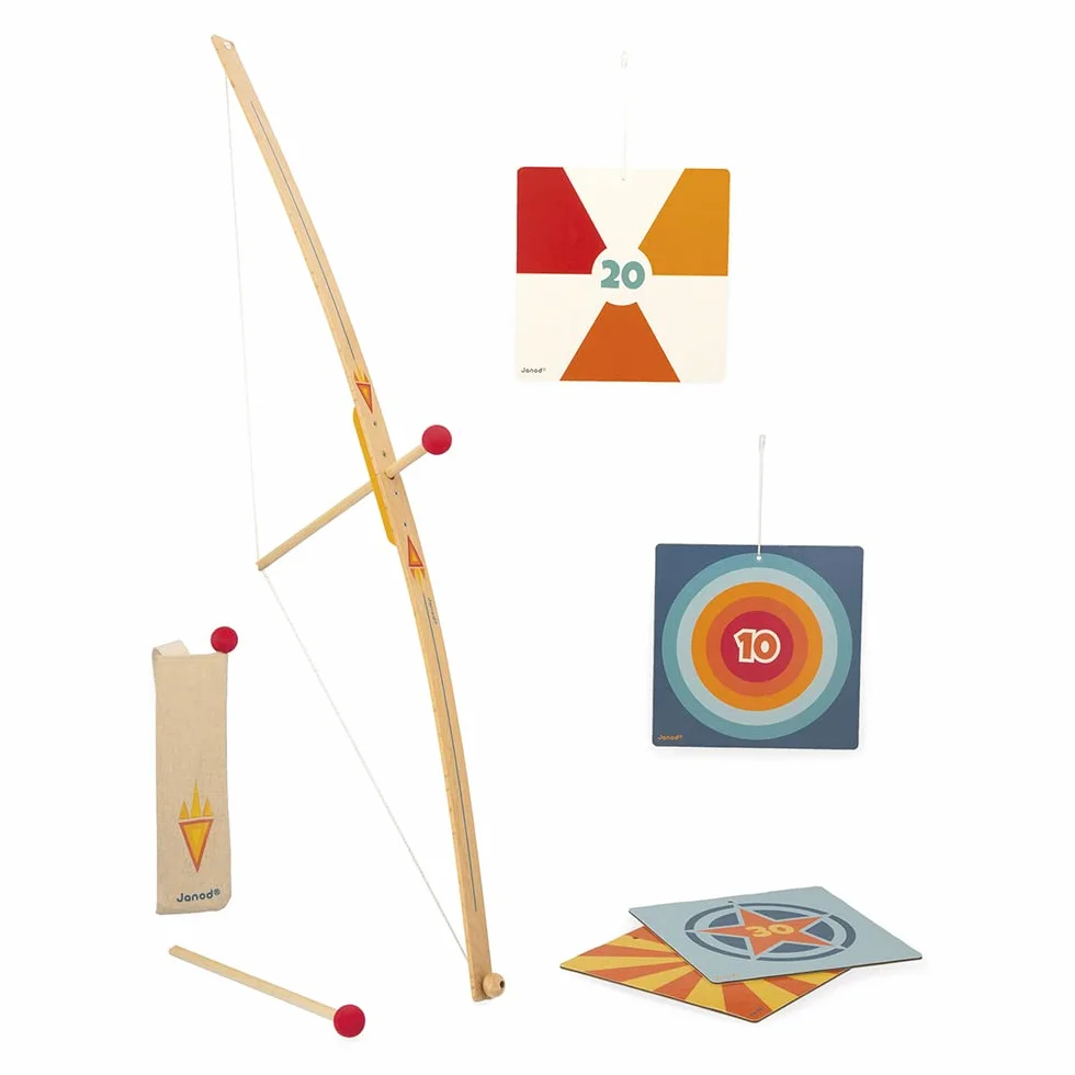 Janod Set Tiro con l'Arco in Legno con 3 Frecce Faretra e 4 Bersagli Gioco all'Aperto