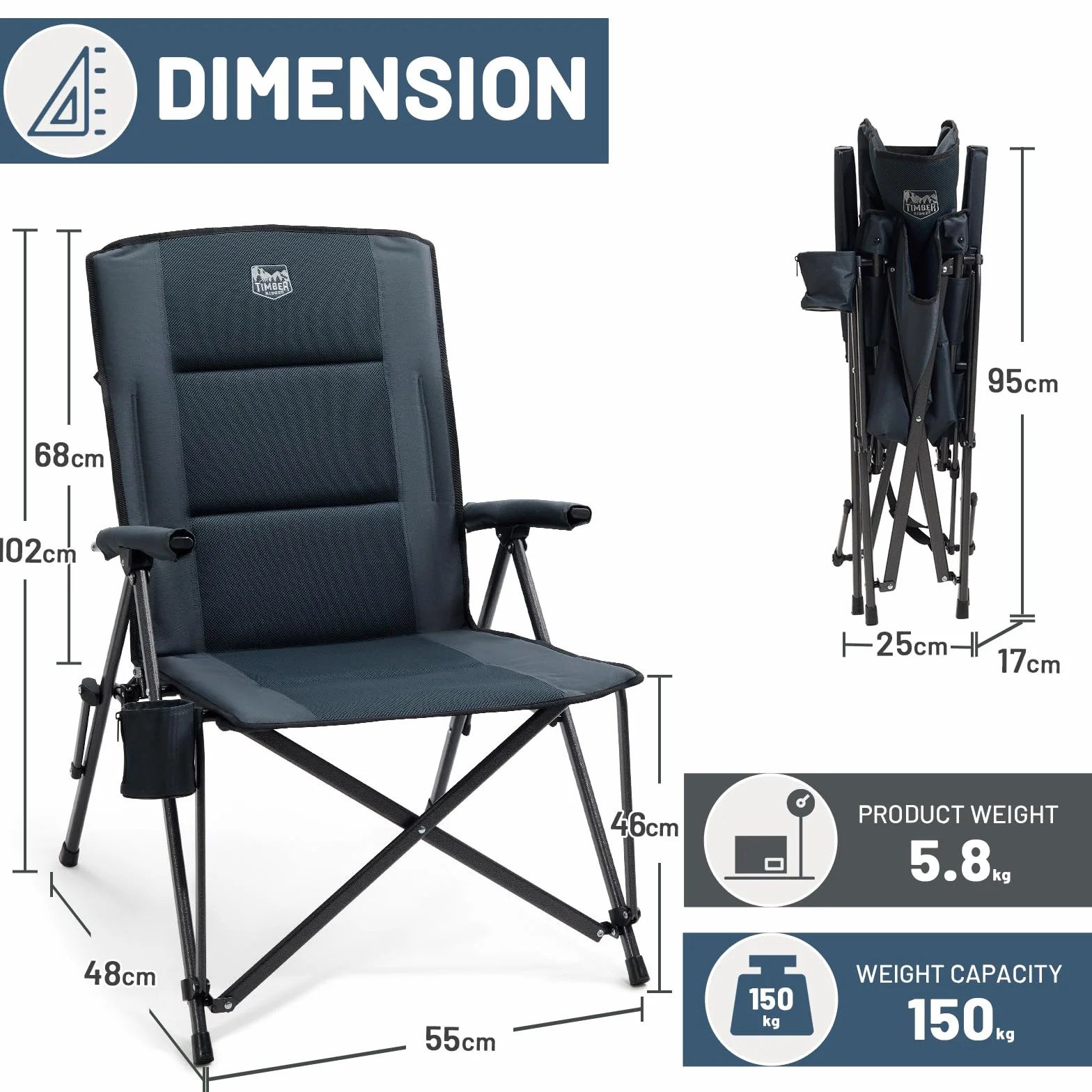 TIMBER RIDGE Sedia da Campeggio Pieghevole XXL 55 cm Portata 150 kg con Tasca Laterale