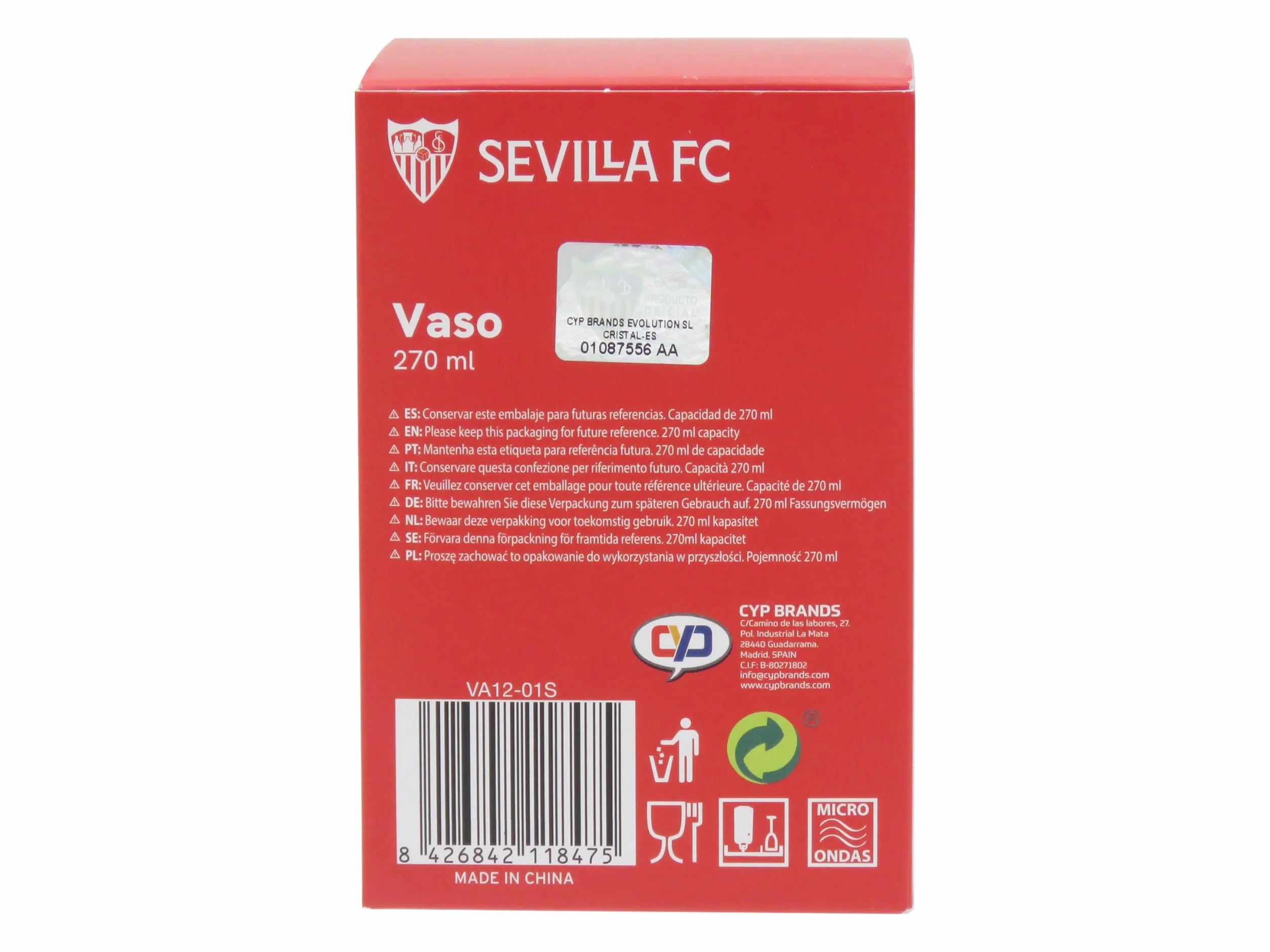 Sevilla FC Bicchiere da Acqua Vetro 270ml Lavabile in Lavastoviglie Microonde Prodotto Ufficiale