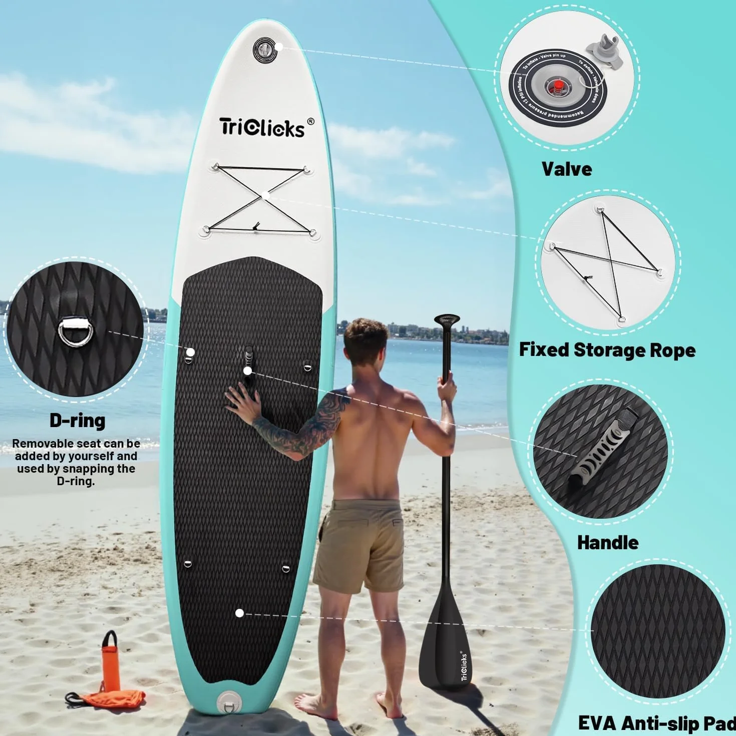 Triclicks SUP Tavola da surf gonfiabile con paletta regolabile, pompa a mano con manometro, leash, finner, zaino, 300 x 76 x 15 cm