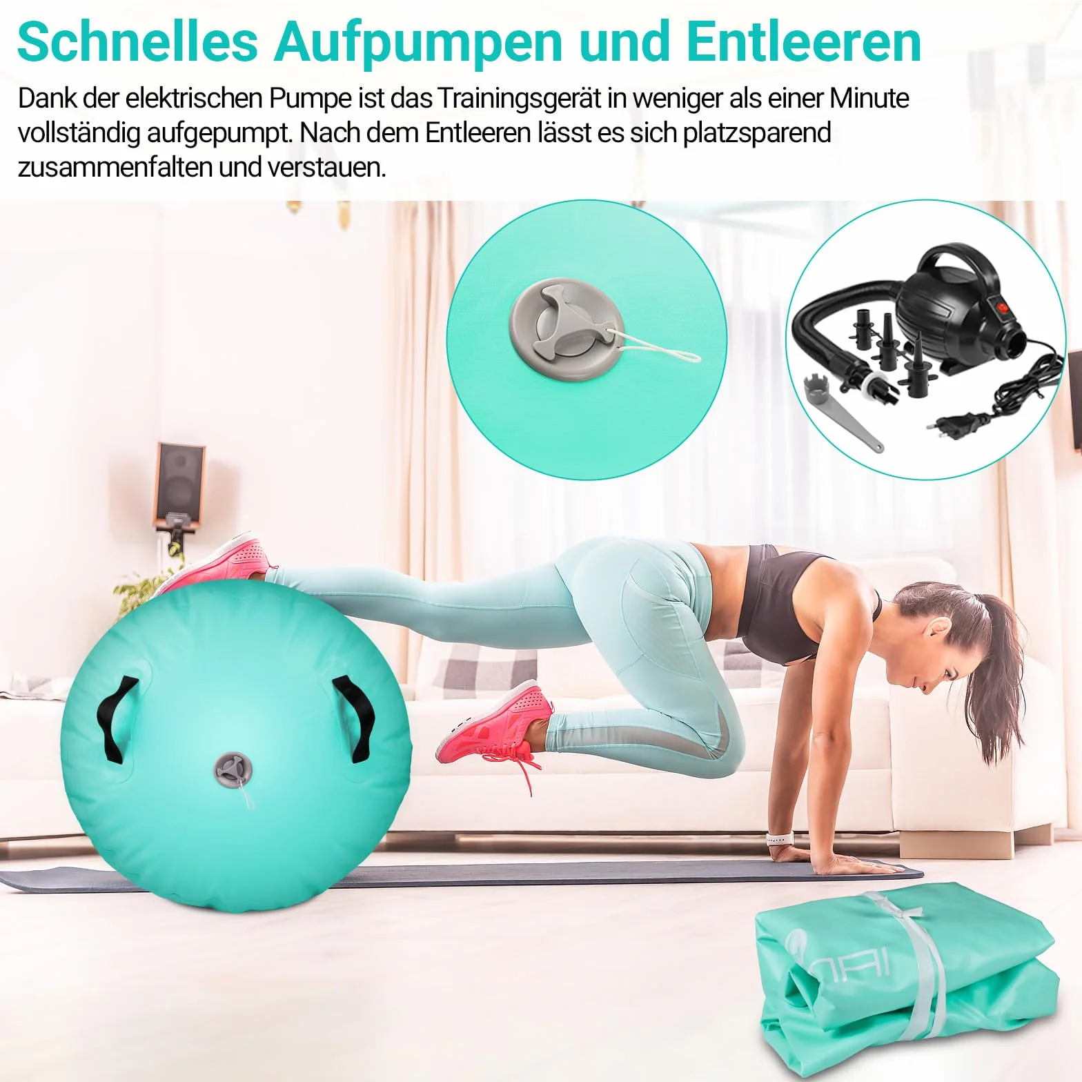 Skeufy Airtrack - Rotelle gonfiabili, cilindri per yoga, ginnastica, palestra, Air Barrel, colonna d'aria, tappetino sportivo per casa, attività all'aperto, fitness, verde, 100 x 60 cm