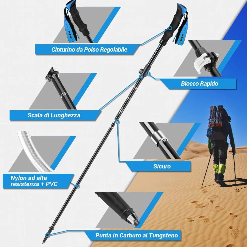 Bastoncini da Trekking Pieghevoli Antiurto 110-130cm Alluminio 7075 Impugnatura Eva Punta Carburo di Tungsteno 1 Paio