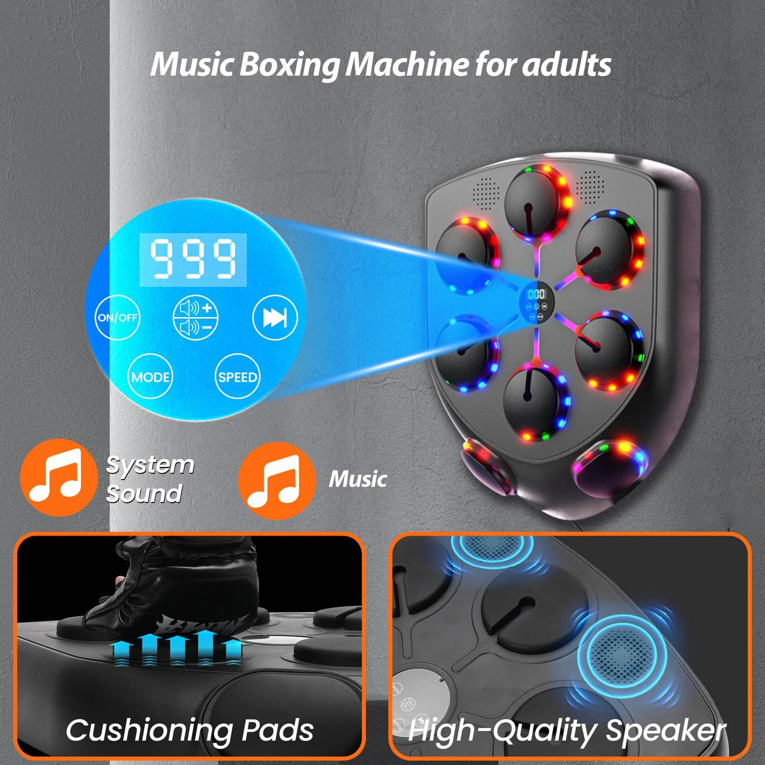 Music Boxing Machine Adulti, 9 Modalità Velocità Box Musicale Pugile con Guanti da Boxe, Parete Tira Pugni con Musica Bluetooth Boxe Allenamento per Casa (8 obiettivi)