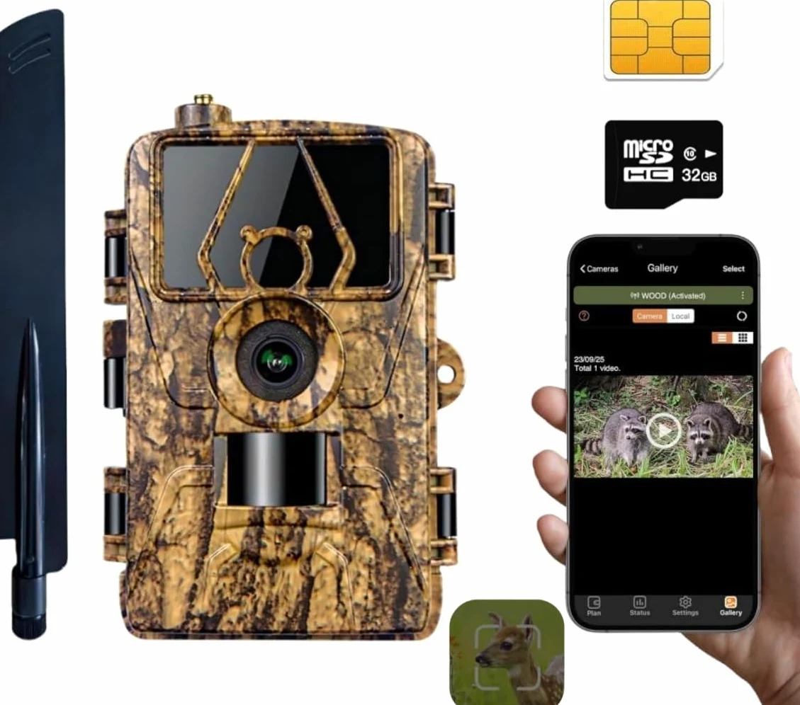 4G Profi-Wildkamera 60MP 8K con scheda di memoria da 32 GB e SIM Card 4G, Top rilevamento del movimento, flash invisibile per visione notturna, trasmissione tramite app fototrappola