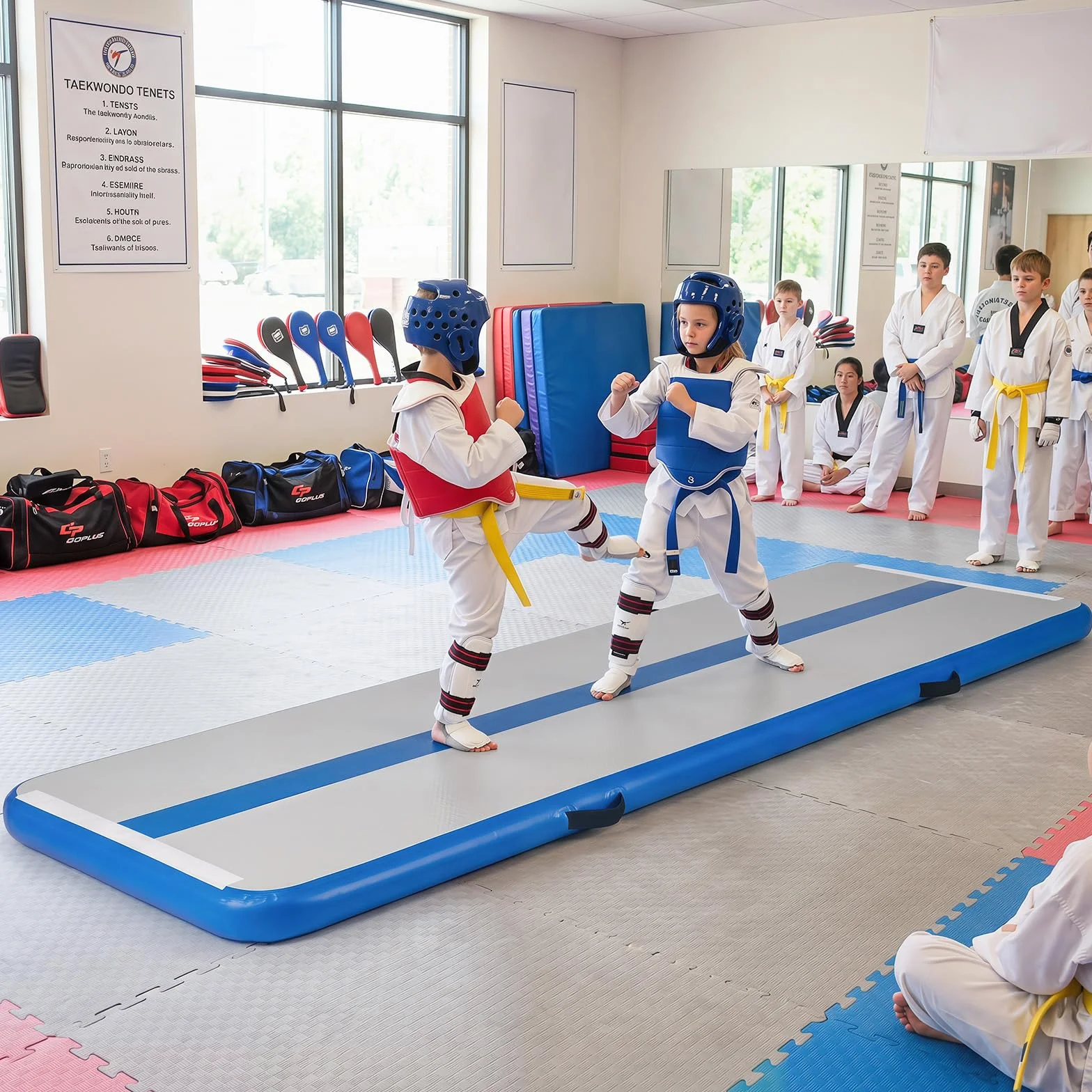 COSTWAY Tappeto Ginnastica Artistica da Casa, Materasso Ginnastica in PVC con Pompa ad Aria e Borsa, Tappetino Gonfiabile per Yoga, Fitness e Allenamento, 297 x 98 x 11 cm