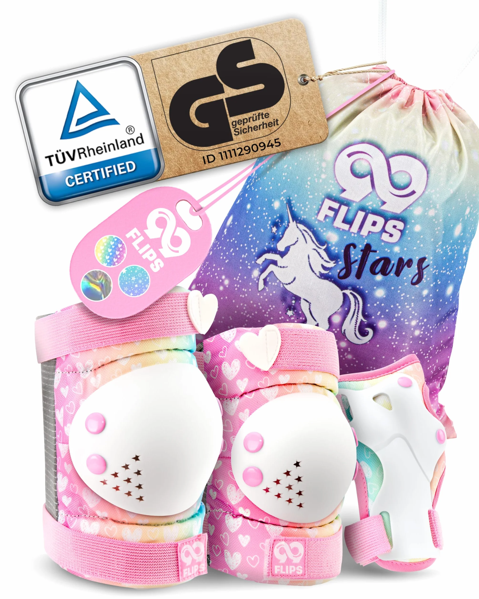99FLIPS Protezioni Pattini Bambina 3-12 Anni Ginocchiere Gomitiere Mani Borsa Unicorno Arcobaleno