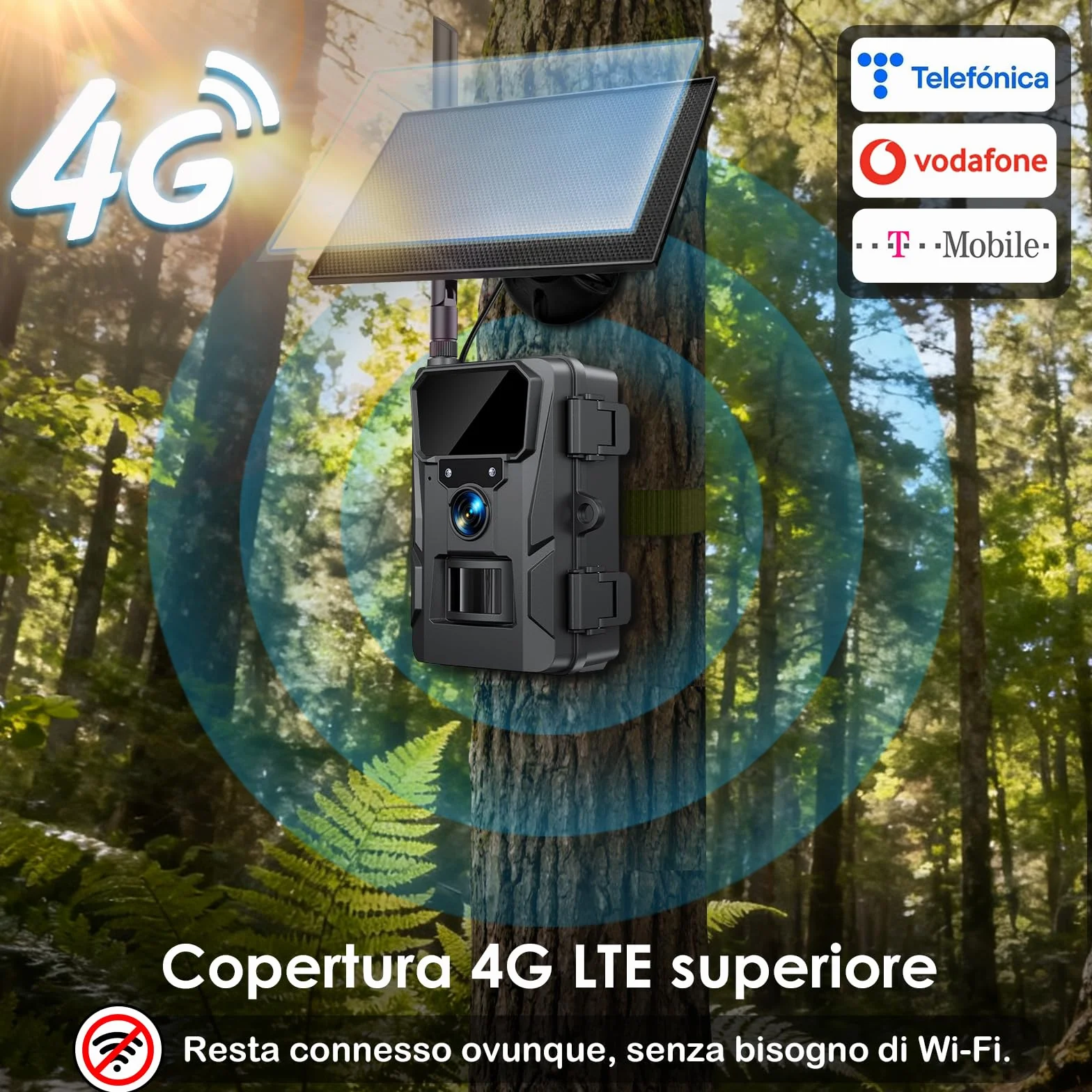 WOLFANG Fototrappola 4G LTE Solare 2K con Scheda SIM e 64GB SD, Visione Notturna, IP66, Nero