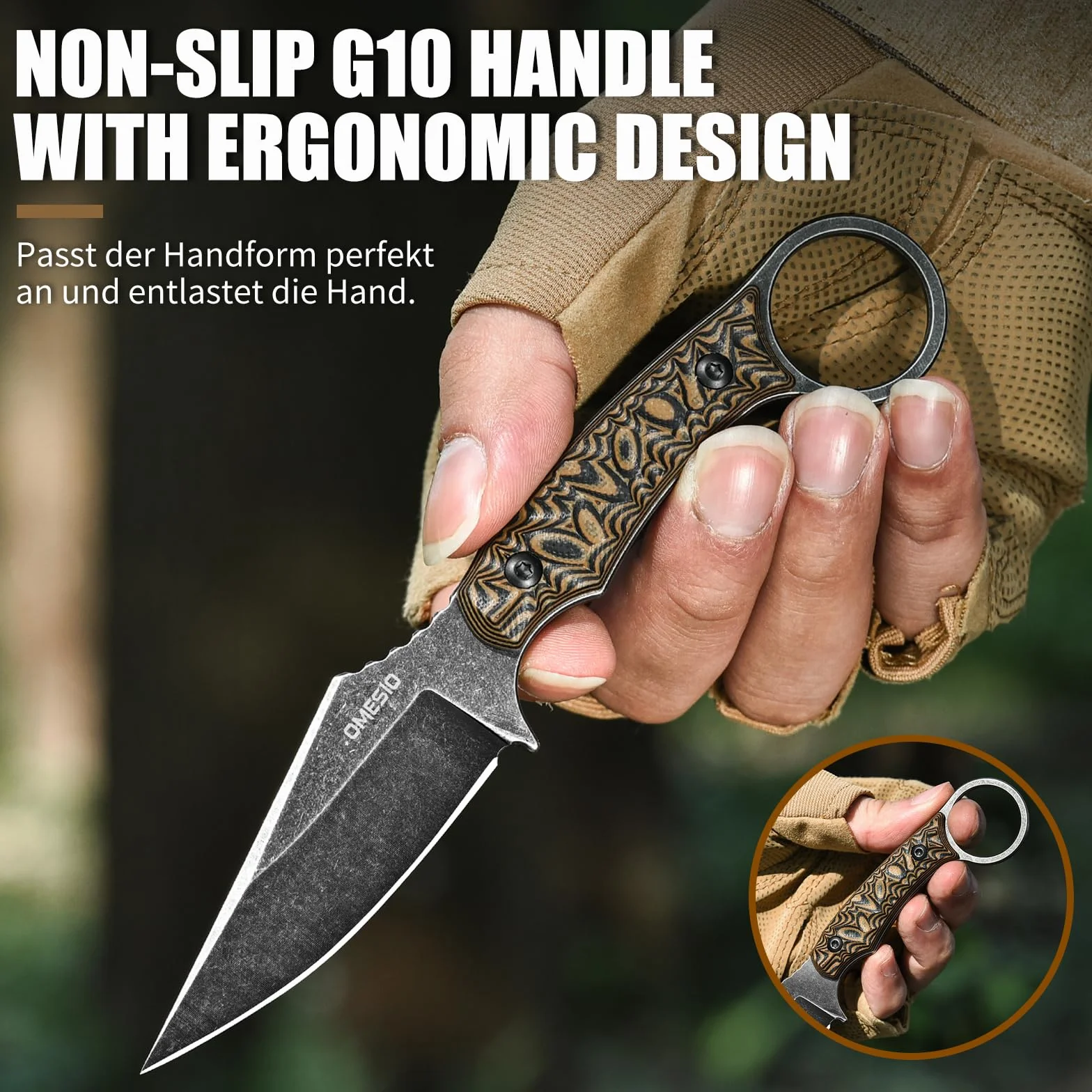 Omesio Coltello Da Collo Fodero in Kydex, Lama in Acciaio D2 Da 8,5 cm, Coltello Da Caccia Con Manico in G10, Adatto Per Campeggio All'Aperto Pesca Sopravvivenza