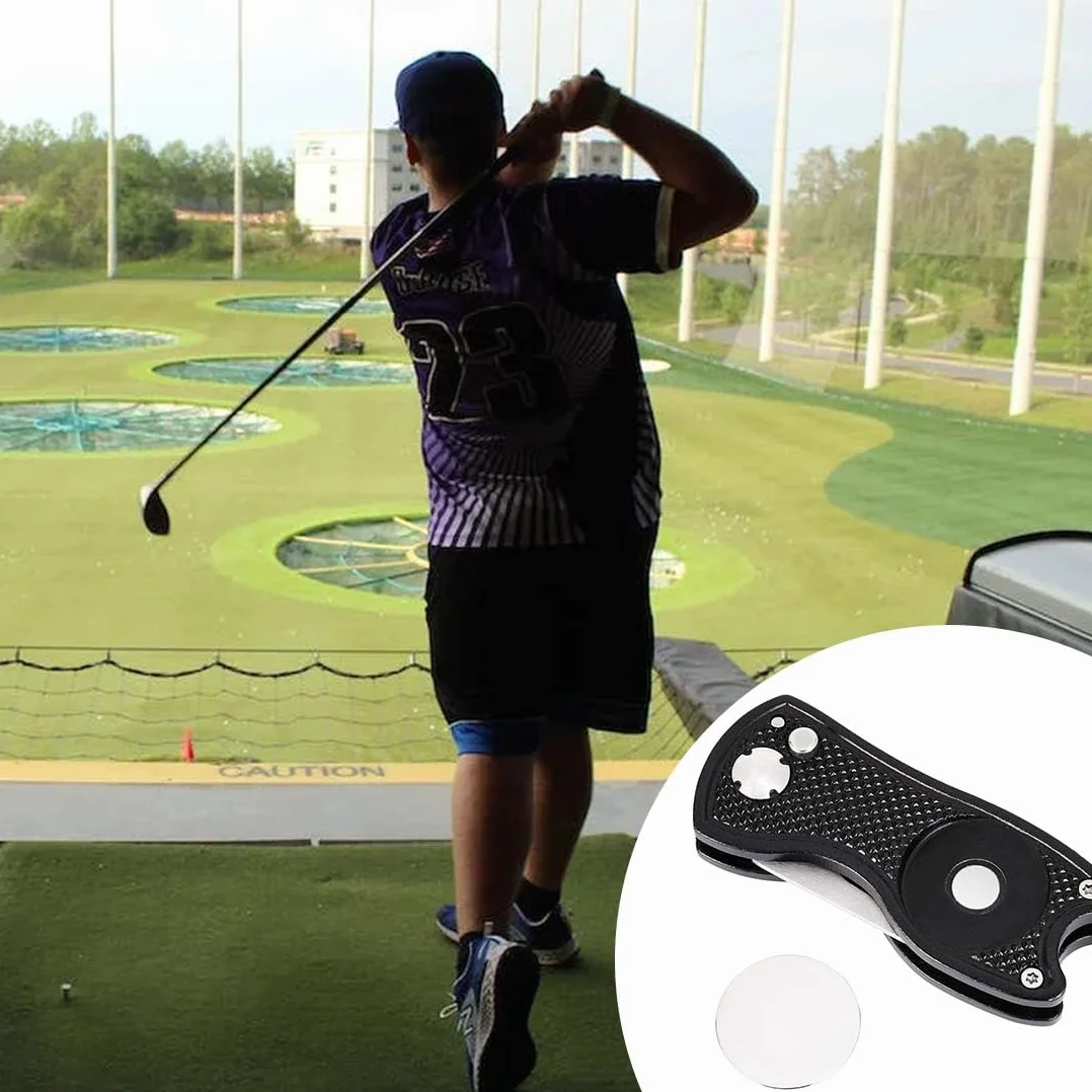 Strumento di Riparazione Divot da Golf Pieghevole con Marcatore Magnetico Nero
