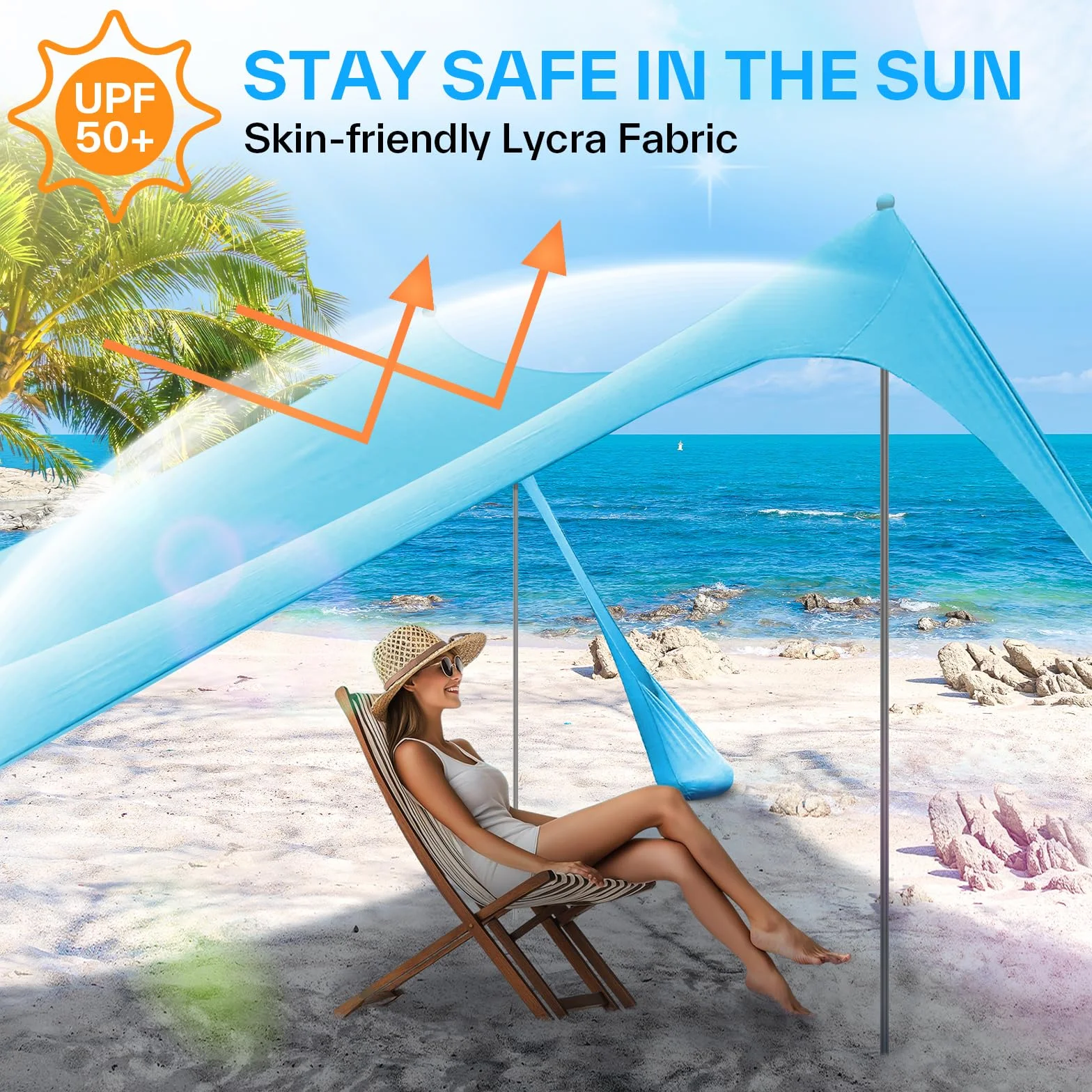 Sportneer - Tenda a baldacchino da spiaggia, tenda da spiaggia, parasole UPF50+, con 4 pali di stabilità, pala di sabbia e picchetti per spiaggia, campeggio, cortile, picnic all'aperto