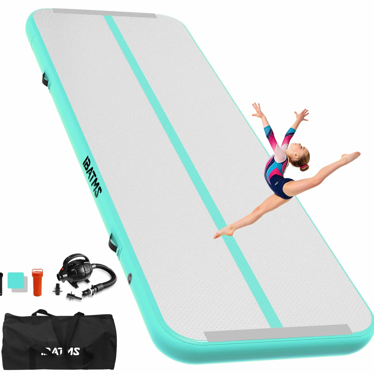IBATMS Air Track Ginnastica Artistica 3/4/5/6 Metri, Tappeto Ginnastica Artistica da Casa con Pompa Elettrica, Tappetino Gonfiabile per Allenamento Yoga Cheerleading Fitness, 300x100x10cm Verde Menta