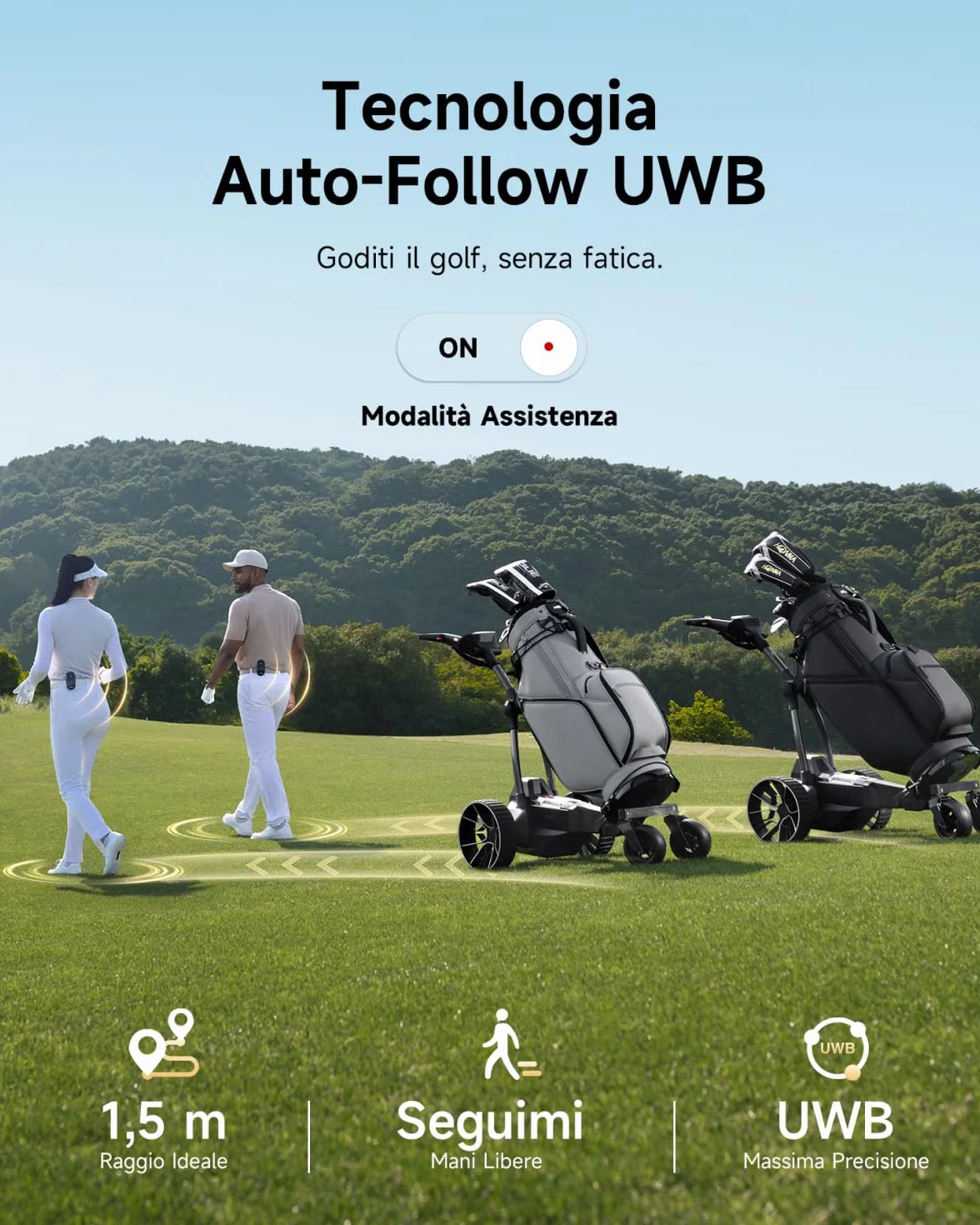 NAVEE Birdie 3 Carrello da Golf Elettrico Telecomandato Follow-Me UWB Autonomia 36 fori Doppio motore 240W*2 Pieghevole 4+1 Ruote All Terreno
