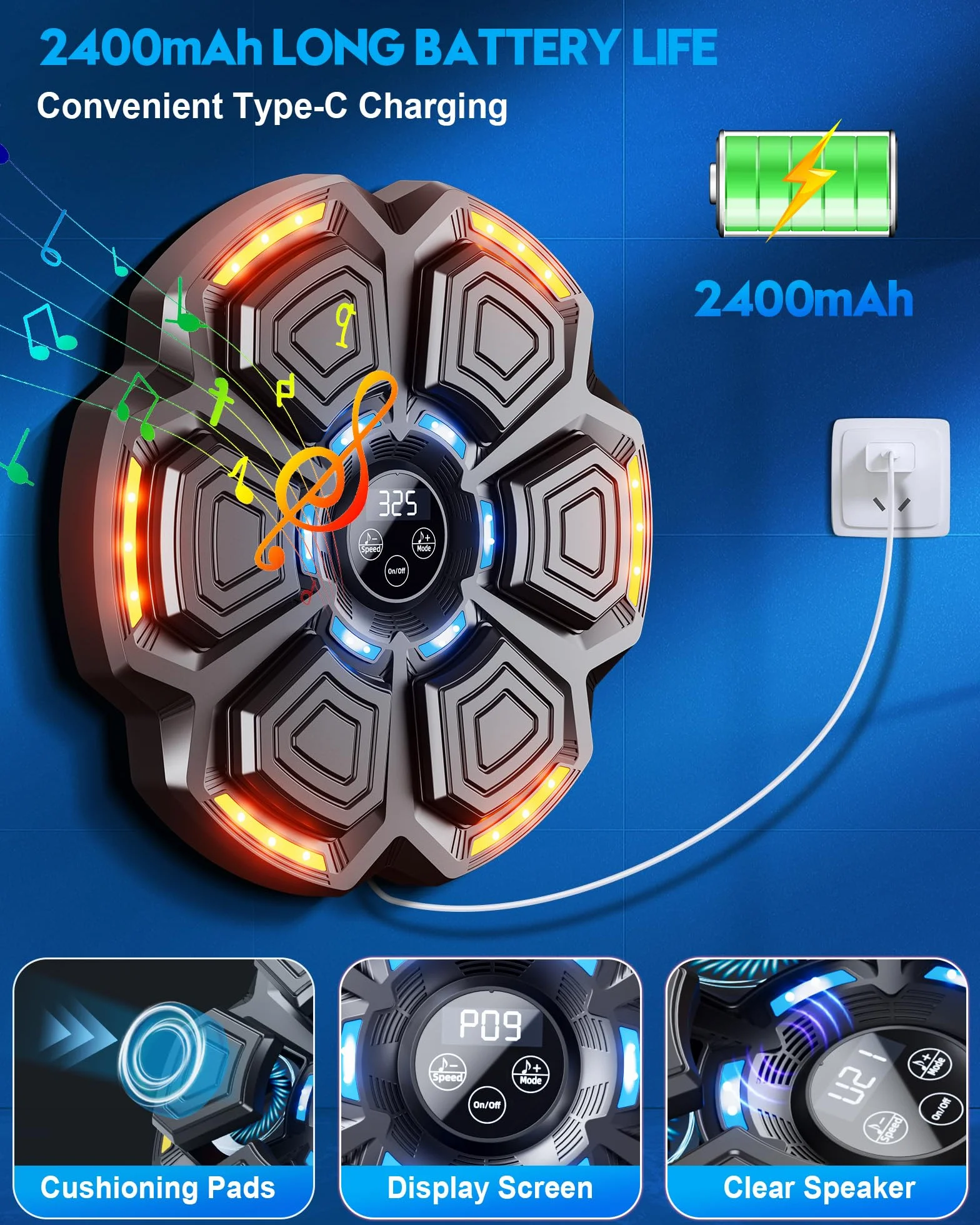Music Boxing Machine Adulti - 9 modalità di velocità Macchina da Box Musicale Pugile con Guanti da Boxe - LED Parete Tira Pugni con Musica - Bluetooth Boxe Allenamento per Casa