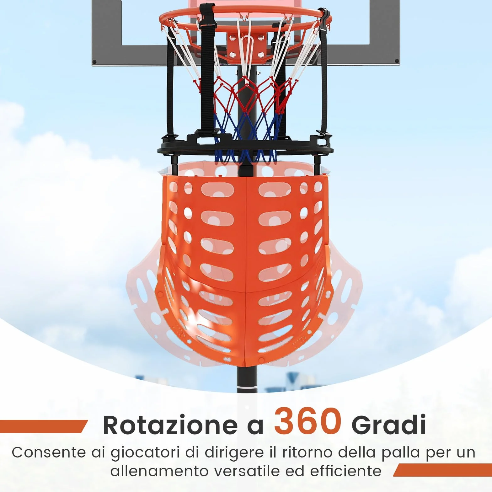 COSTWAY Sistema di Ritorno Palla Basket Rotante 360° 4 Ganci Smontabili Allenamento Tiro