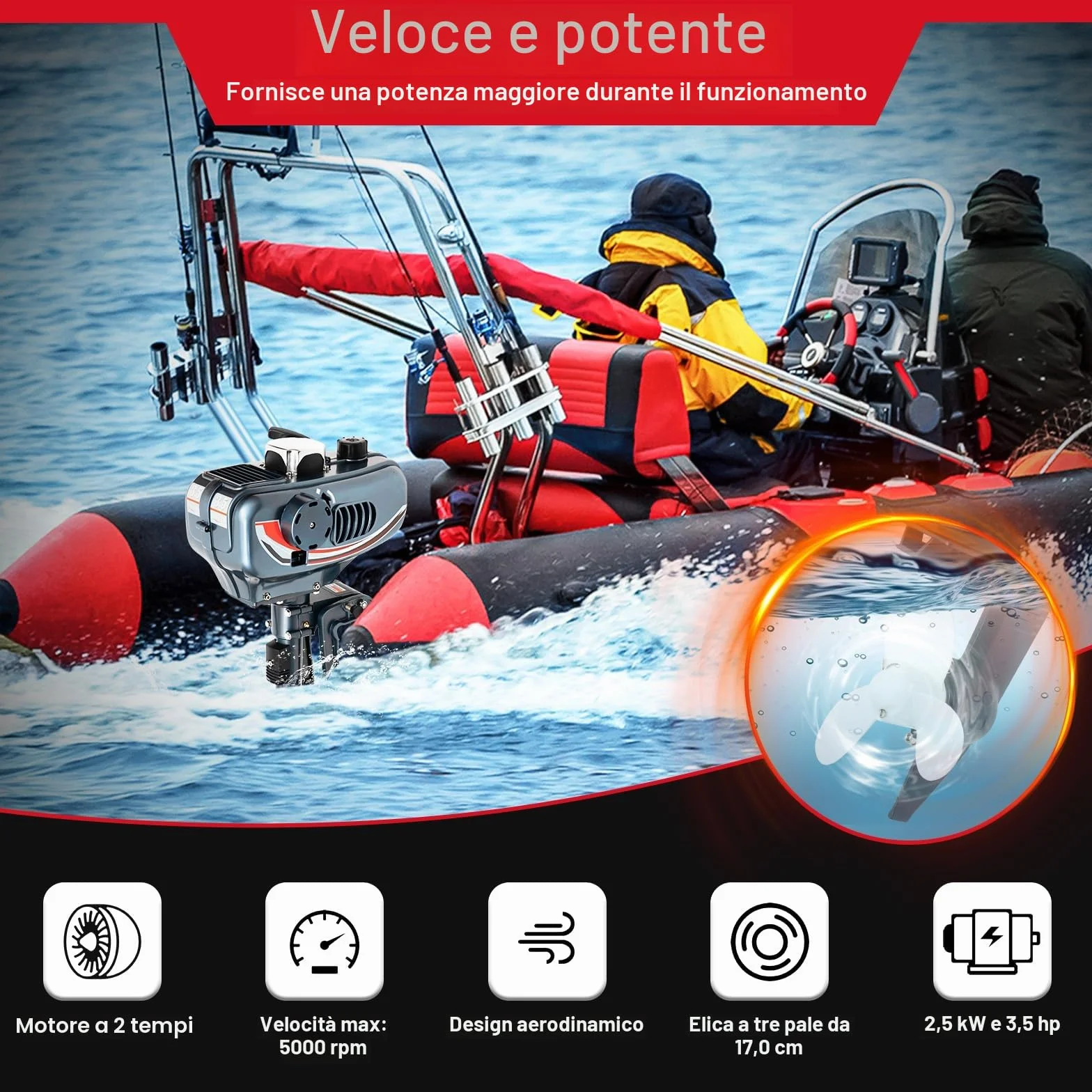 Motore fuoribordo 2T 2,5 kW 3,5 CV 5000 giri/min per gommoni pesca barche a vela