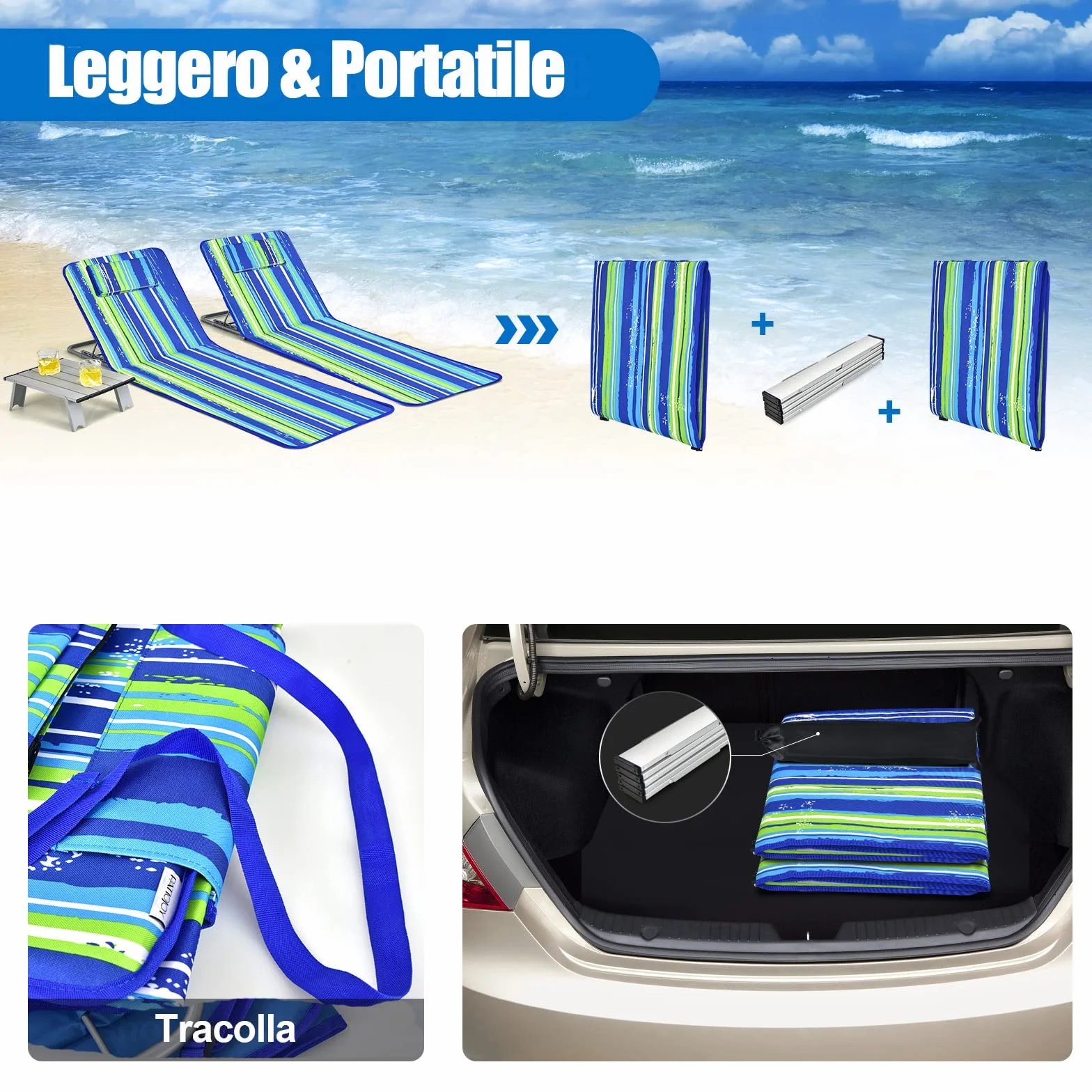 GYMAX Tappetino da Spiaggia Reclinabile Set 2 Sedie e Tavolino Pieghevole Multifunzione Blu e Verde