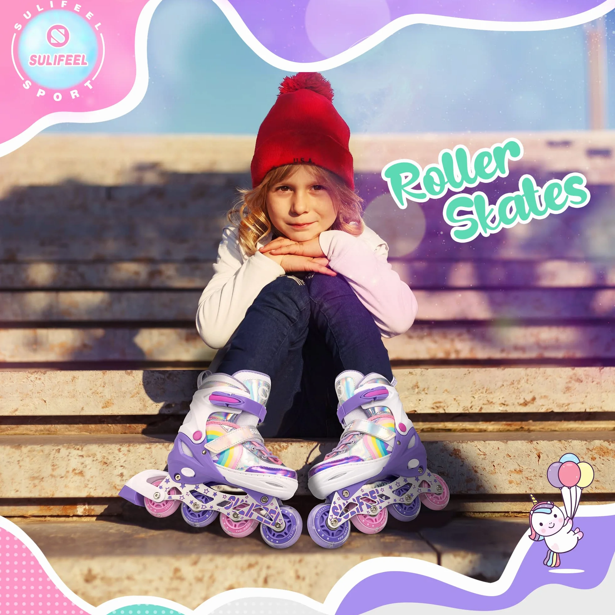 SULIFEEL Pattini in linea luminosi regolabili con unicorno arcobaleno per bambini, ragazze e ragazzi, pattini per principianti con ruote illuminate