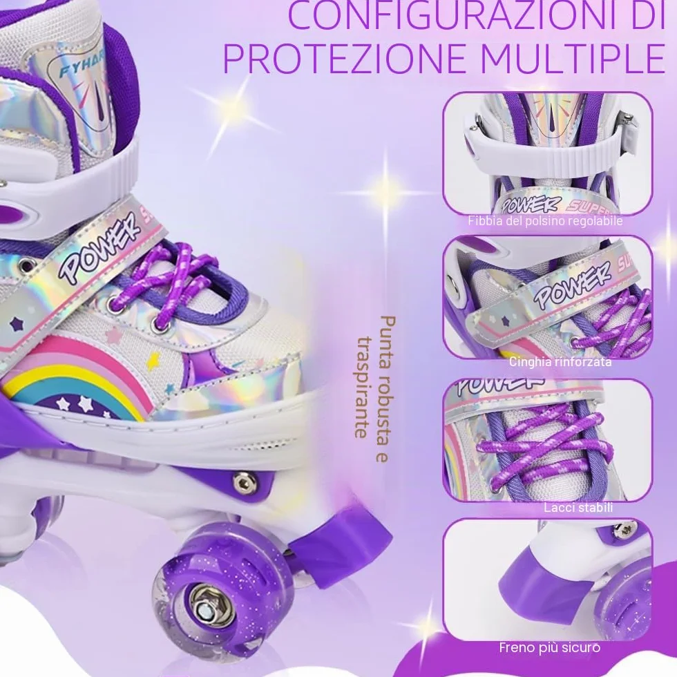 Pattini a rotelle per bambini ragazze ragazzi principianti, 4 misure regolabili per bambina e bambino con ruote luminose, pattini a rotelle Viola Arcobaleno per lo sport