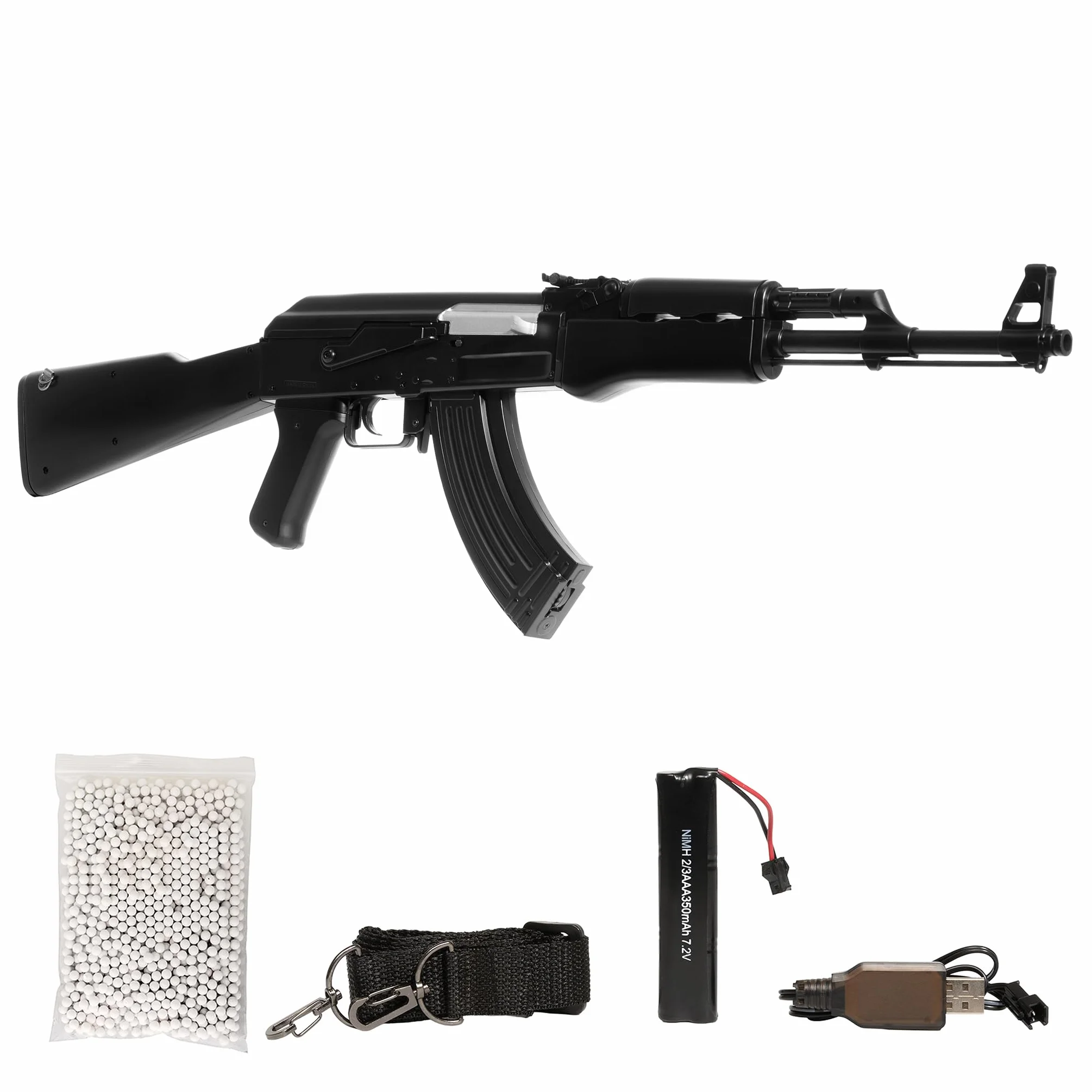 AK 47 softair elettrico stile legno 0,9 JOULE 50 colpi Ni-MH 7,2V 870mm 830g 1000 pallini Nero