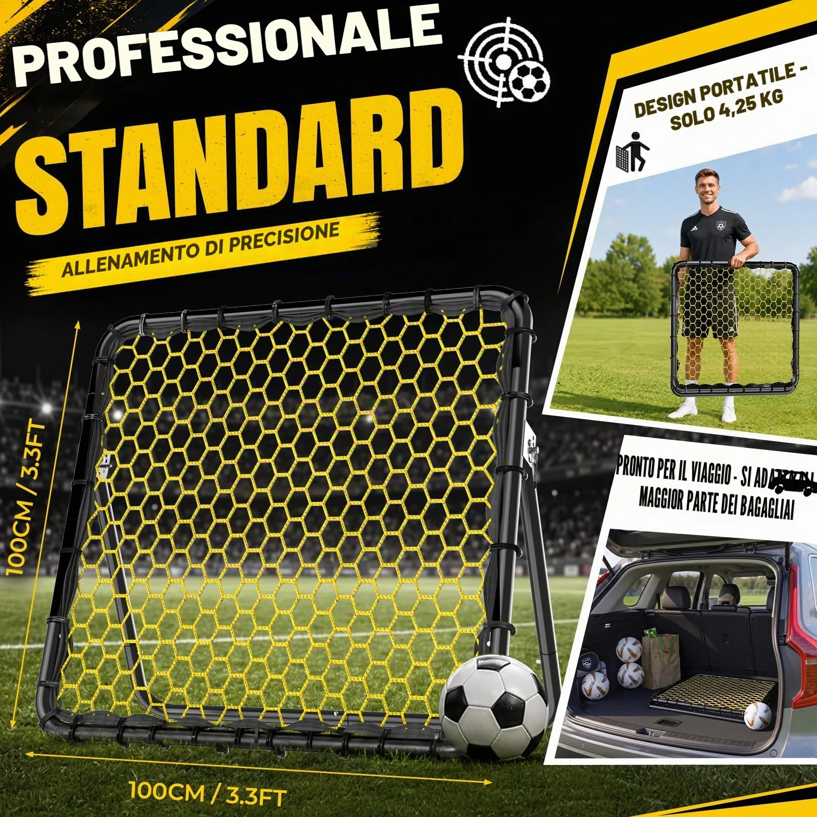Happy Jump Rete di Rimbalzo Calcio 1x1m Angoli Regolabili Struttura a Nido d’Ape