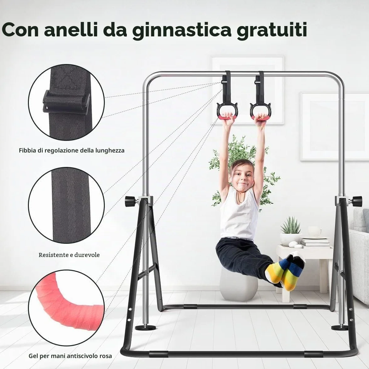 FBSPORT Barra da Ginnastica per Bambini Regolabile Pieghevole Espandibile Anelli Ginnastica Artistica