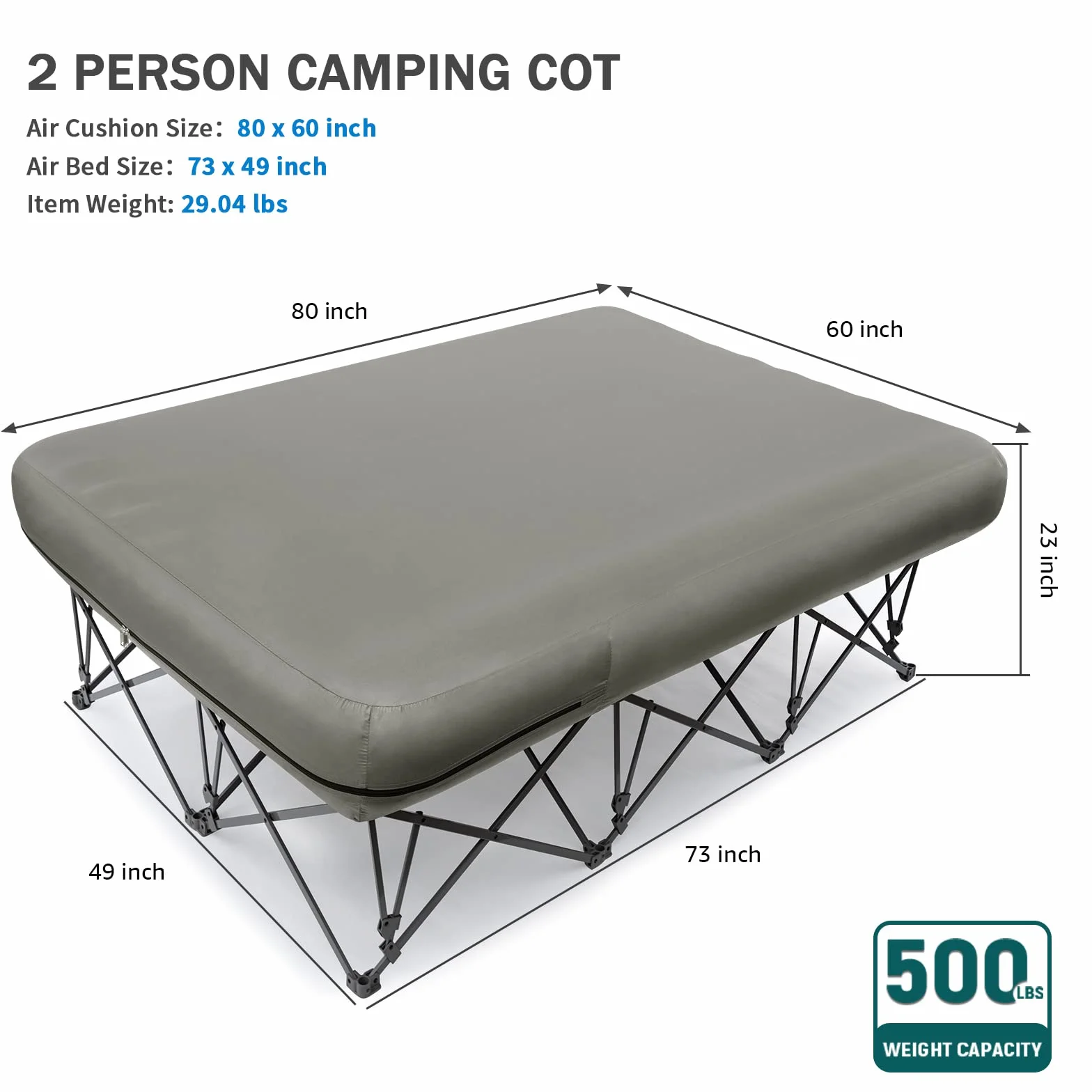 KAMPKEEPER Lettino da campeggio doppio con materasso gonfiabile 200x150x58 cm Grigio