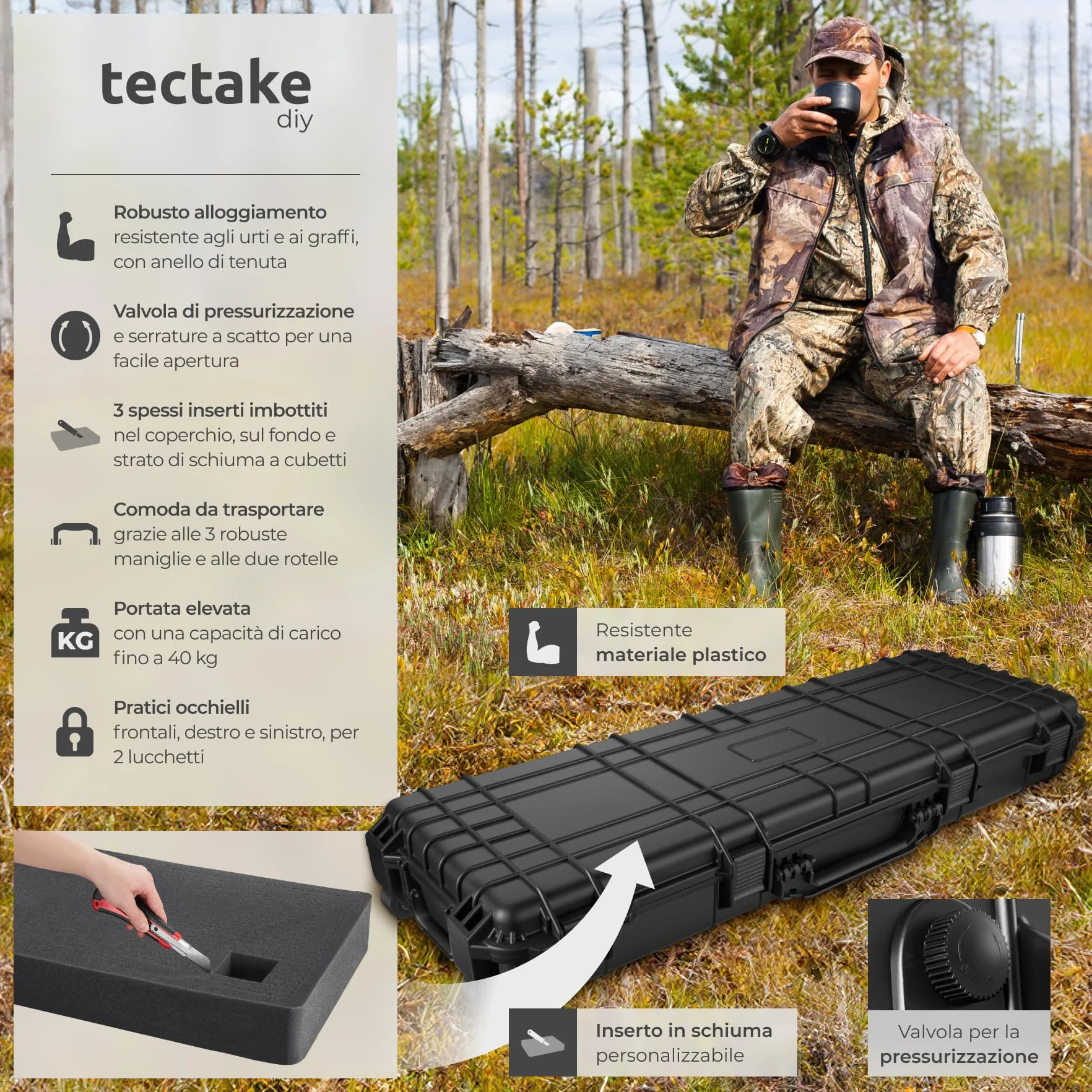 Tectake Custodia Porta Fucile Rigida 113,5x41x16 cm 4 Chiusure a Scatto 3 Inserti Estraibili