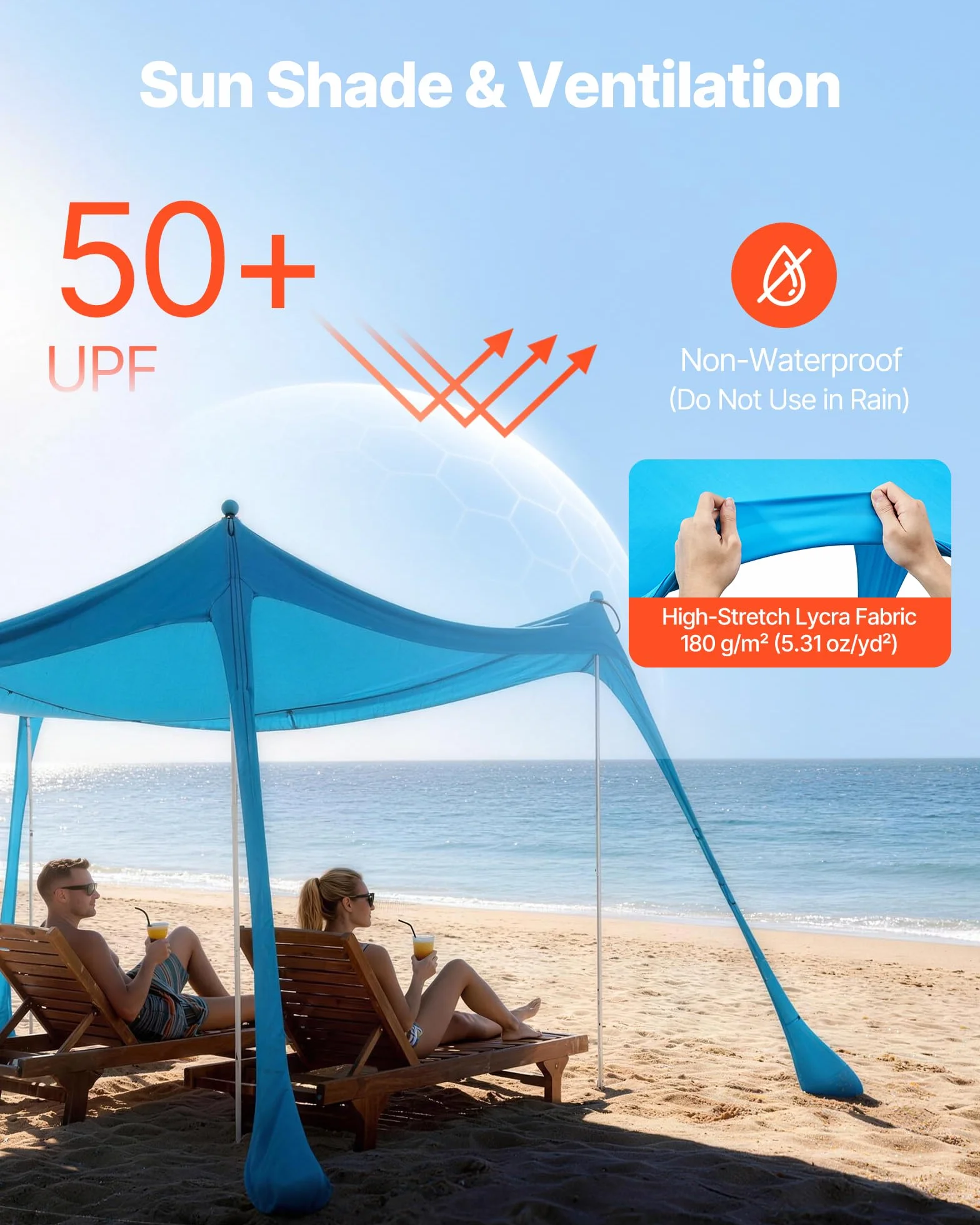 VEVOR Tenda Parasole Portatile da Spiaggia per Esterno Protezione Solare UPF 50+ 3 x 3 x 2 m, Parasole da Spiaggia con Pali di Supporto Ancoraggio Tenda Portatile per Campeggio Viaggio Pesca, Blu