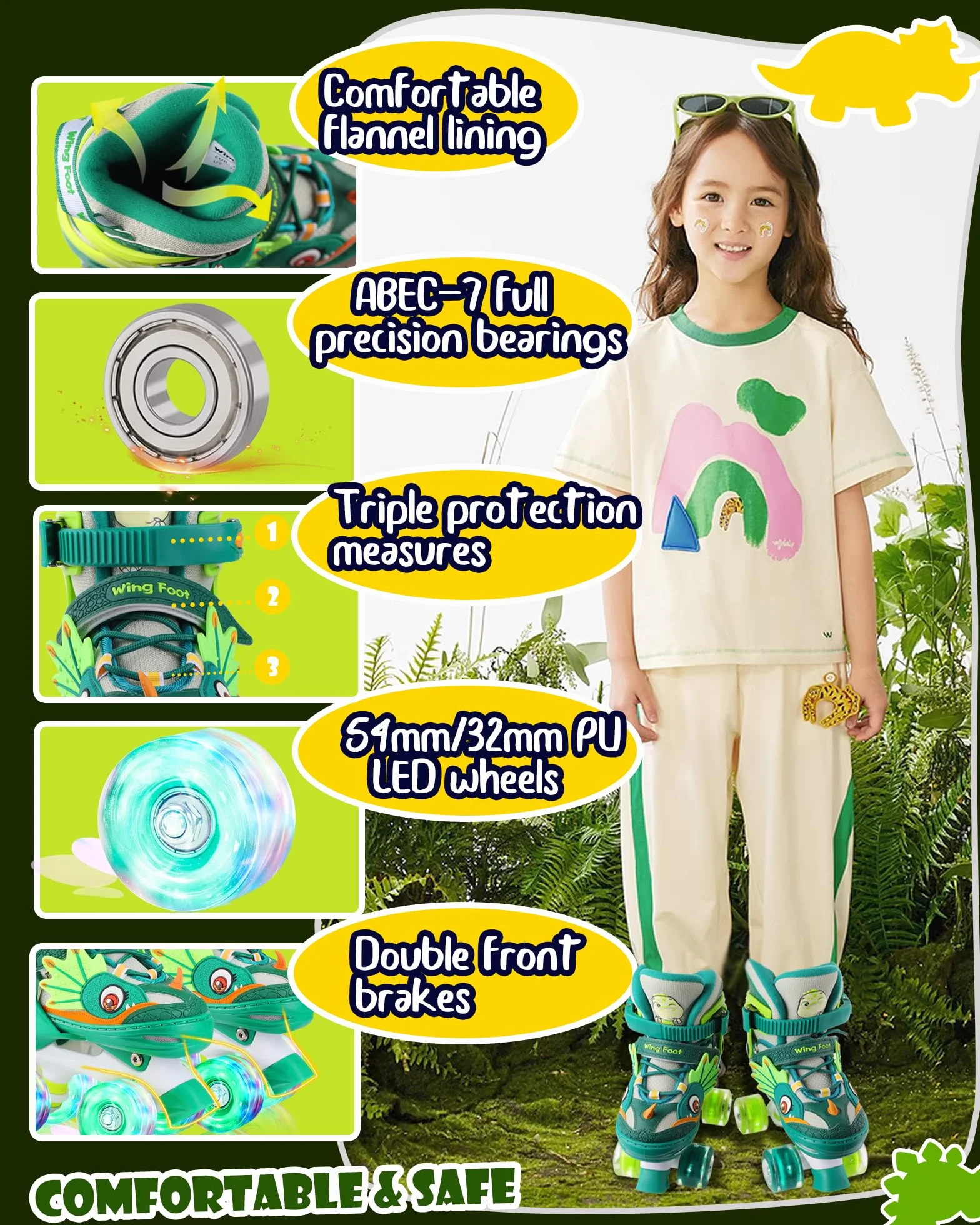 Pattini a Rotelle Bambina Dinosauro Regolabili con Ruote LED Rosa XS/S/M
