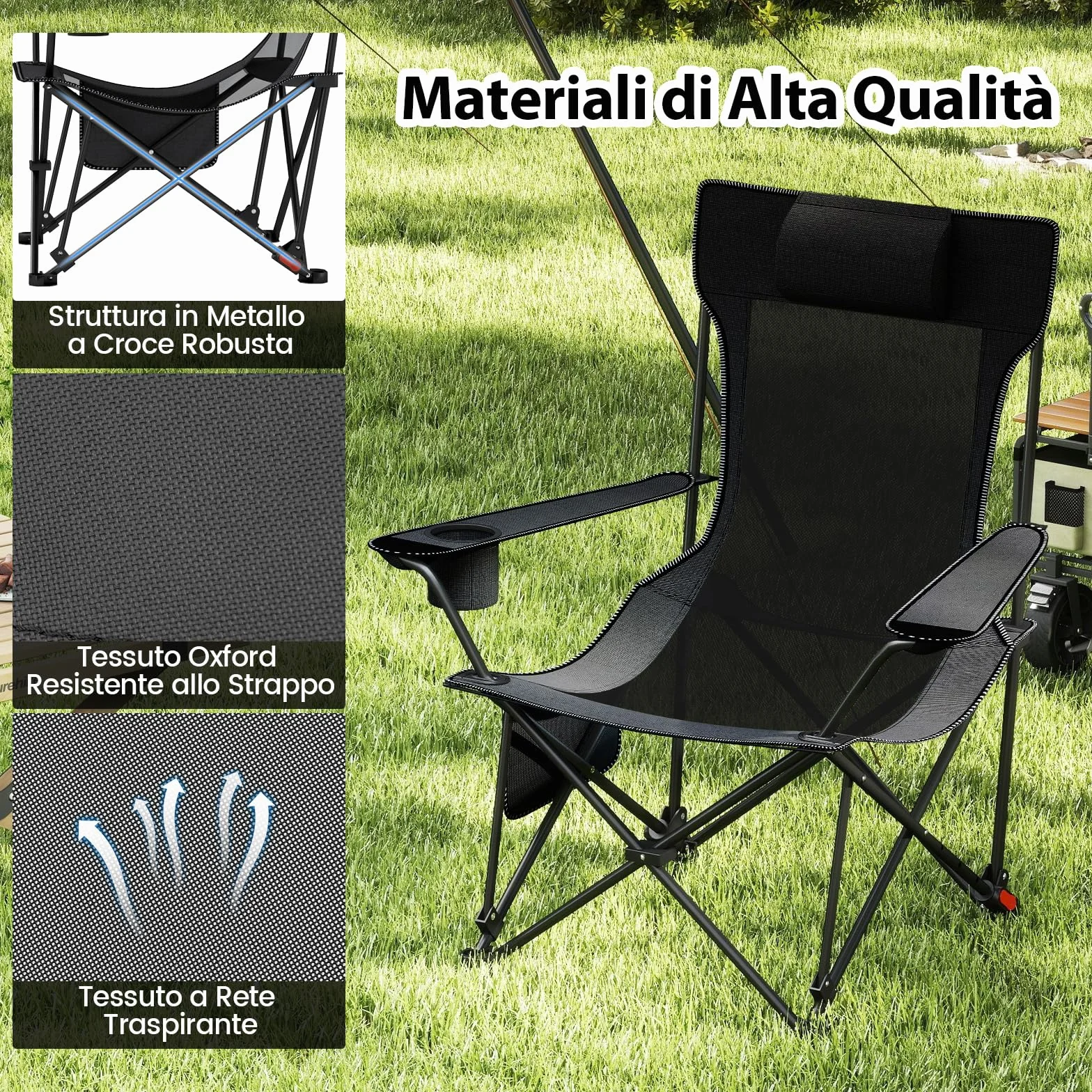 COSTWAY Sedia da Campeggio Pieghevole con Poggiapiedi Rimovibile, Schienale Reclinabile, Portata 150 kg, Tela Oxford Grigio