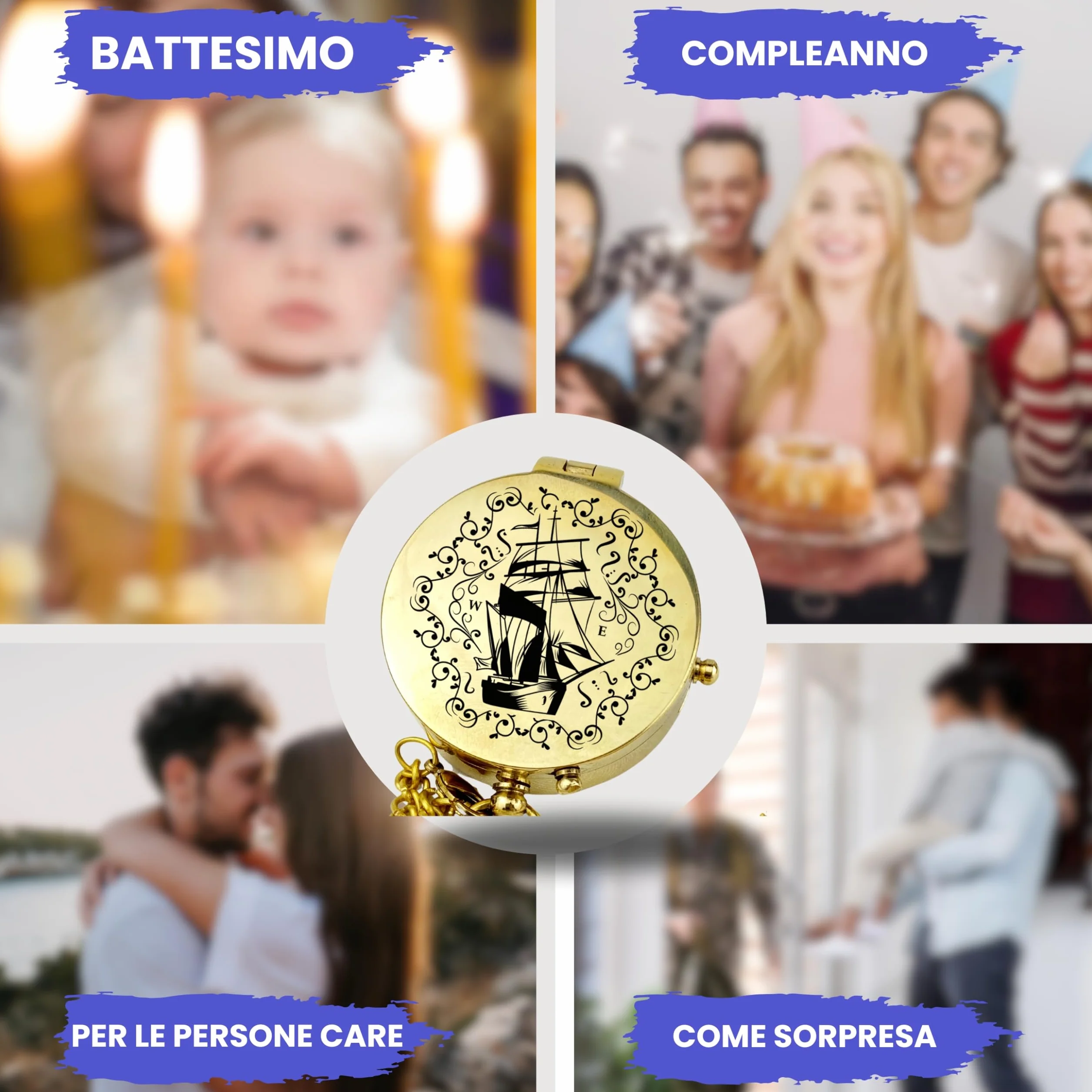 Bussola personalizzata in ottone e pelle con incisione motivo marittimo, regalo