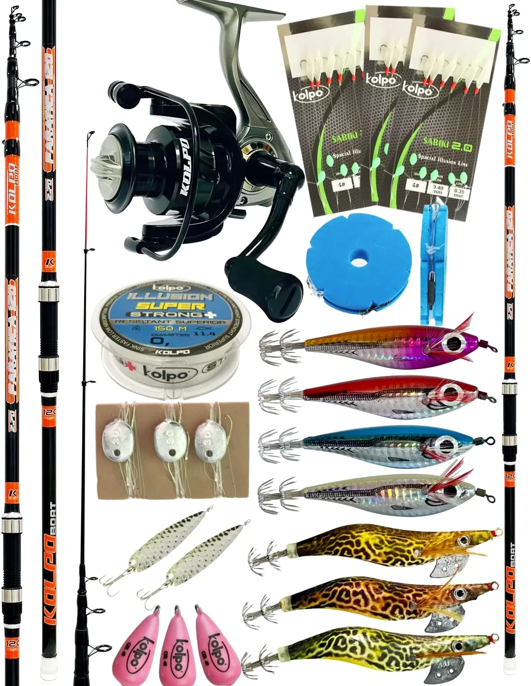 kolpo combo da pesca dalla barca PROFESSIONALE canna telescopica + mulinello + filo + 3 lenze pronte sabiki + 3 piombi + 3 montature 3 ami + lenza professionale con ami + 7 totanare + 2 ondulanti