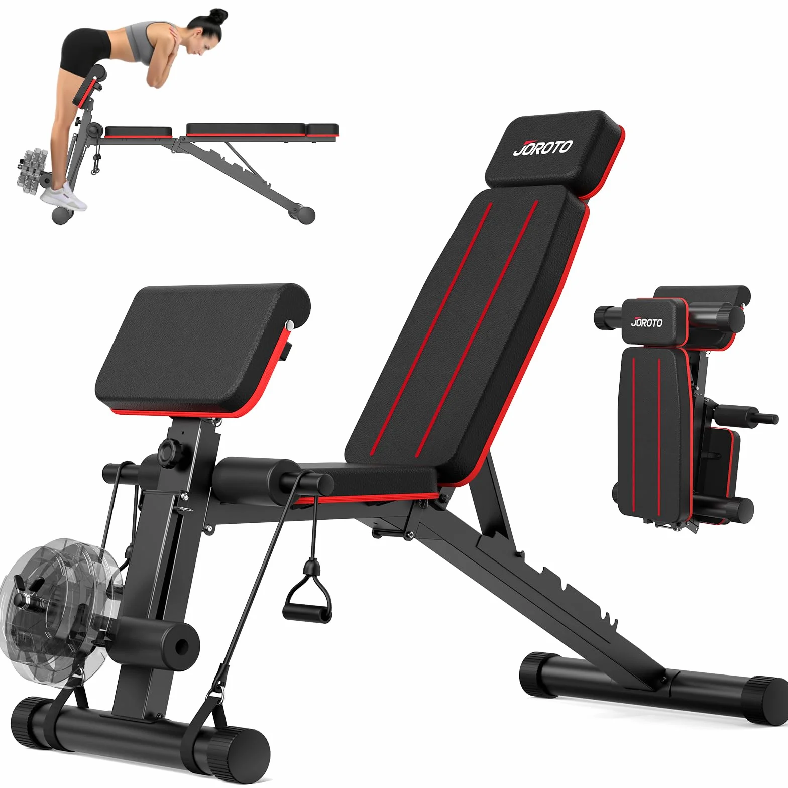 JOROTO Panca per pesi regolabile per palestra domestica, capacità di 453,6 kg, panca da allenamento pieghevole con estensione delle gambe e estensione della schiena, panca per esercizi preacher curl